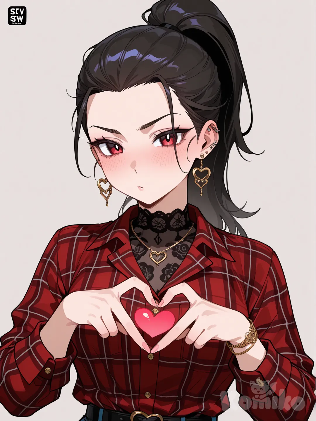 1girl, [glossy-anime-style], heart hands, plaid shirt, lace, jewelry, double s, slicked-back hair, high ponytail