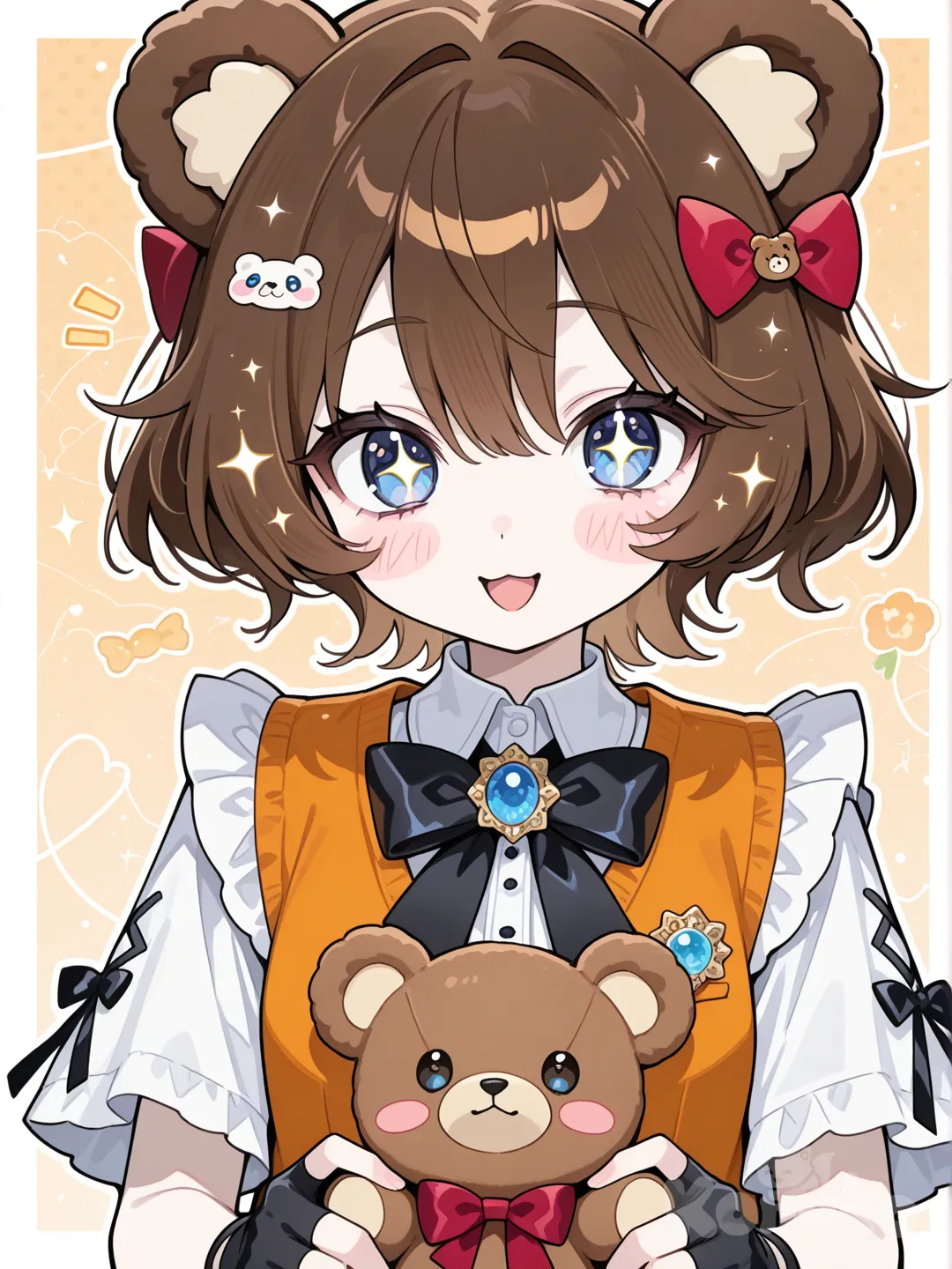 A female character with fair skin and orange-brown bear ears. She has short orange-brown hair tied in a red bow. Her eyes are large and light blue, with a horizontal glitter effect that makes them stand out. She has red circles on her cheeks, giving her a playful appearance. She wears a white shirt, an orange vest, a black bow, and black fingerless gloves. There is a teddy bear pin on her vest.