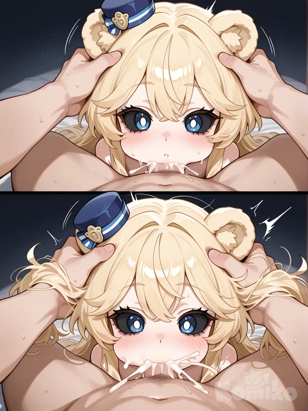 Porn, a white-skinned human girl, with circular blonde sentences, similar to that of a bear, with long blonde hair and black sclera, but white pupils, clothing consisting of a small tilted blue hat, is naked, sucking a penis, another human grabs her head, pushing her to swallow the penis more, her cheeks swell from so much hot semen that comes out, with a surprised expression