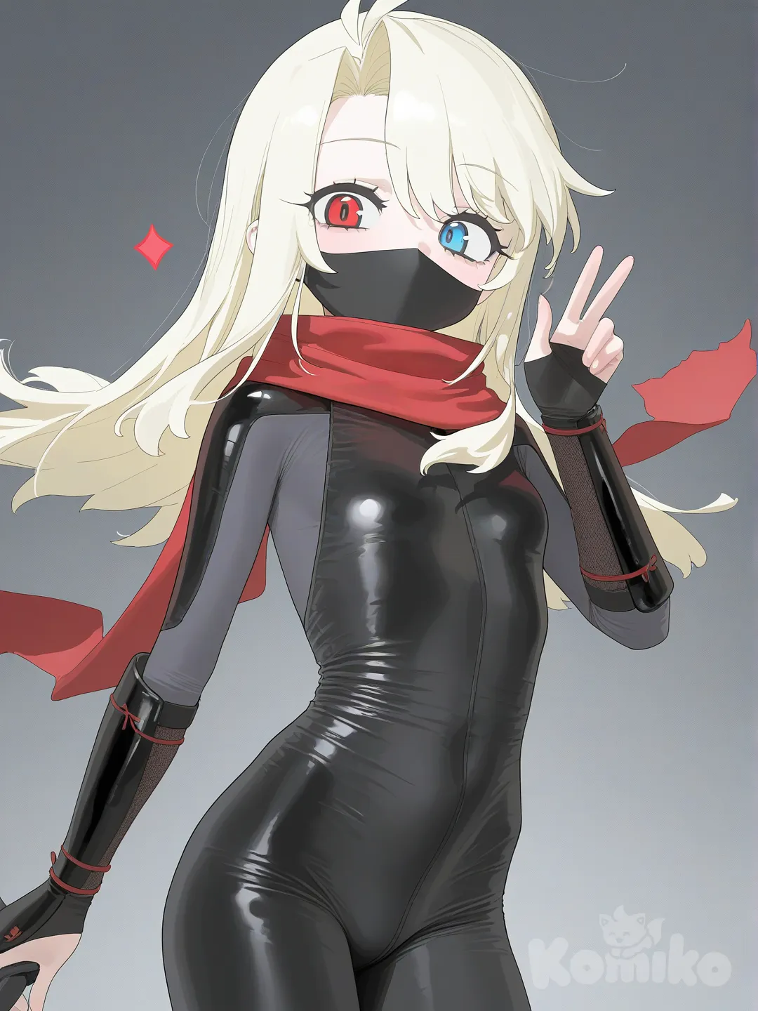 Una adorable loli rubia, piel blanca, illya von Einzbel, con ojos heterocromáticos —uno azul brillante y el otro rojo intenso— vestida con el iconico traje ninja de la serie randy cunningham ninja total, [vibrant-anime-style]