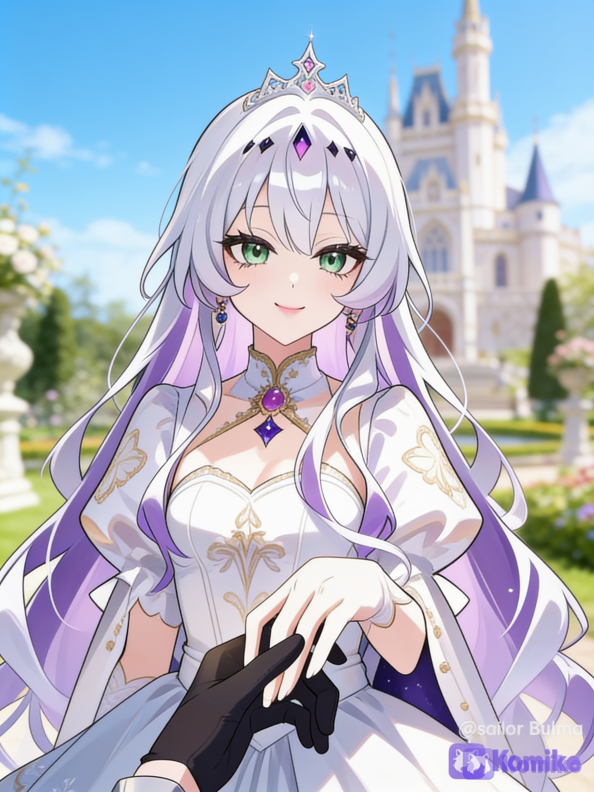 Vestido y composición del personaje igual a @princesse-3pHa, Imagen de referencia uno pose con la mano como en la referencia uno igual tal y como está en la imagen la pose pero con una sonrisa tranquila, para el fondo un jardín elegante desenfocado y con el castillo al fondo cielo azul