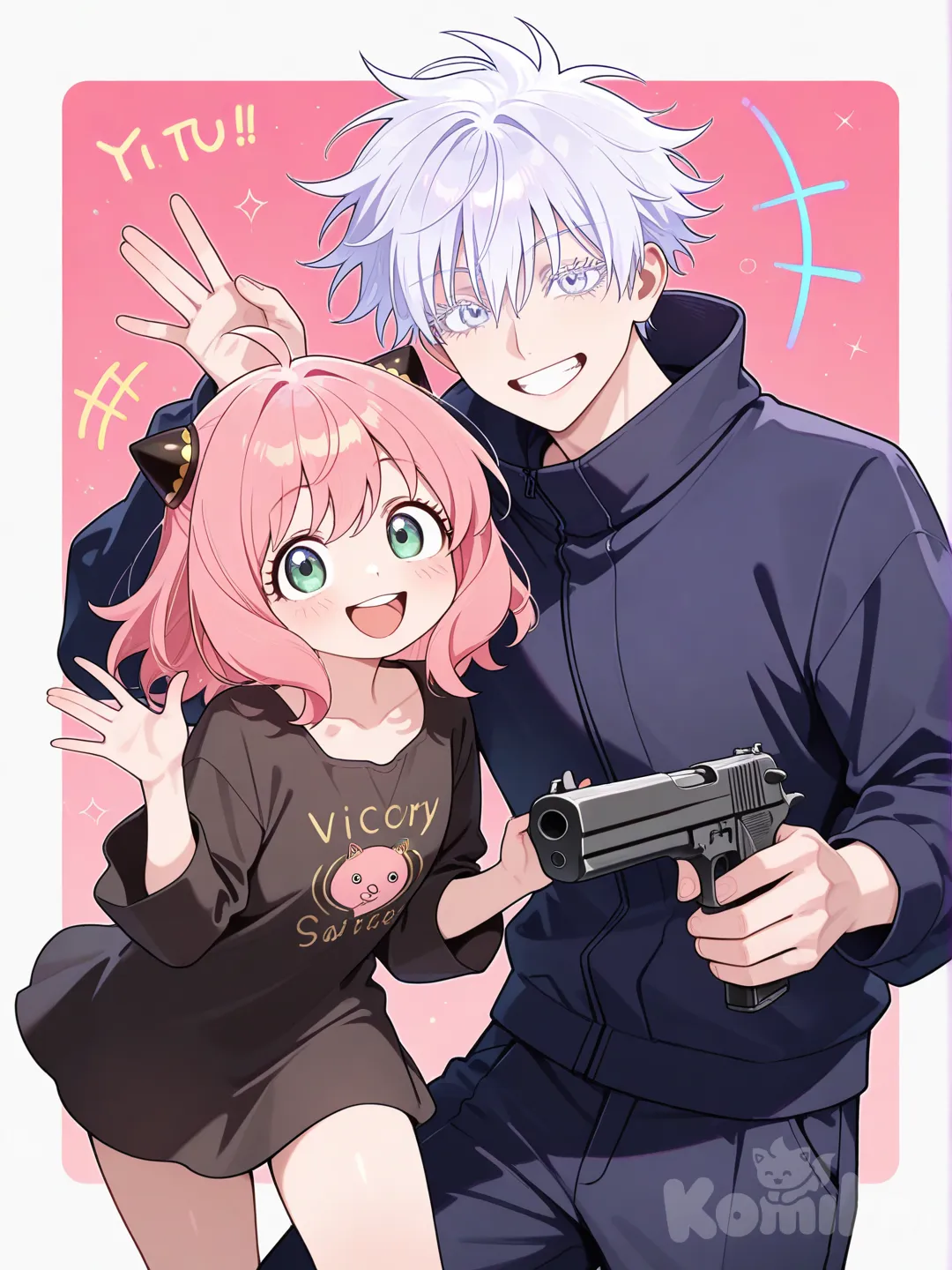 @Gojou_Satoru, @Anya_(Spy_X_Family), waving, v sign, holding gun