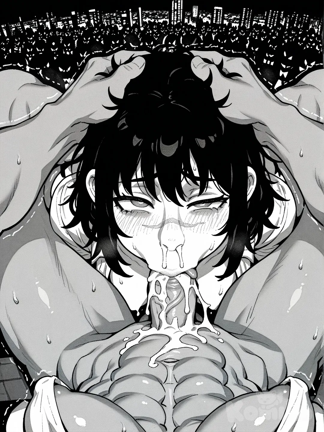 Vertical Nose scar, white shirt, medium breasts, perky breasts, perky nipples, muscular female, six pack abs, exposed breasts, exposed hips, collarbone, medium hair, messy black hair, winking, muscular female, grabbing viewer, futanari viewer, deepthroat, blowjob, pectorals, black background, blush, obliques, from above, looking at viewer, muscular futa viewer, viewier's medium breasts, viewer's perky breasts, viewer's perky nipples, viewer's eight pack abs, red ambient light, cum on stomach, cumdrip from nose, sweat, steaming body, steam, cum pool on stomach, cumshot, 2people, shaking, female orgasm, pussy lips, public indecency, people watching, red city lights, black skies, red lighting, grabbing head, [graphic-ink-style], crowd, people, internal cumshot, leglock, streaming tears, cum in throat, throatpie, pupils rolled back, cum overflow, extreme shaking, orgasm