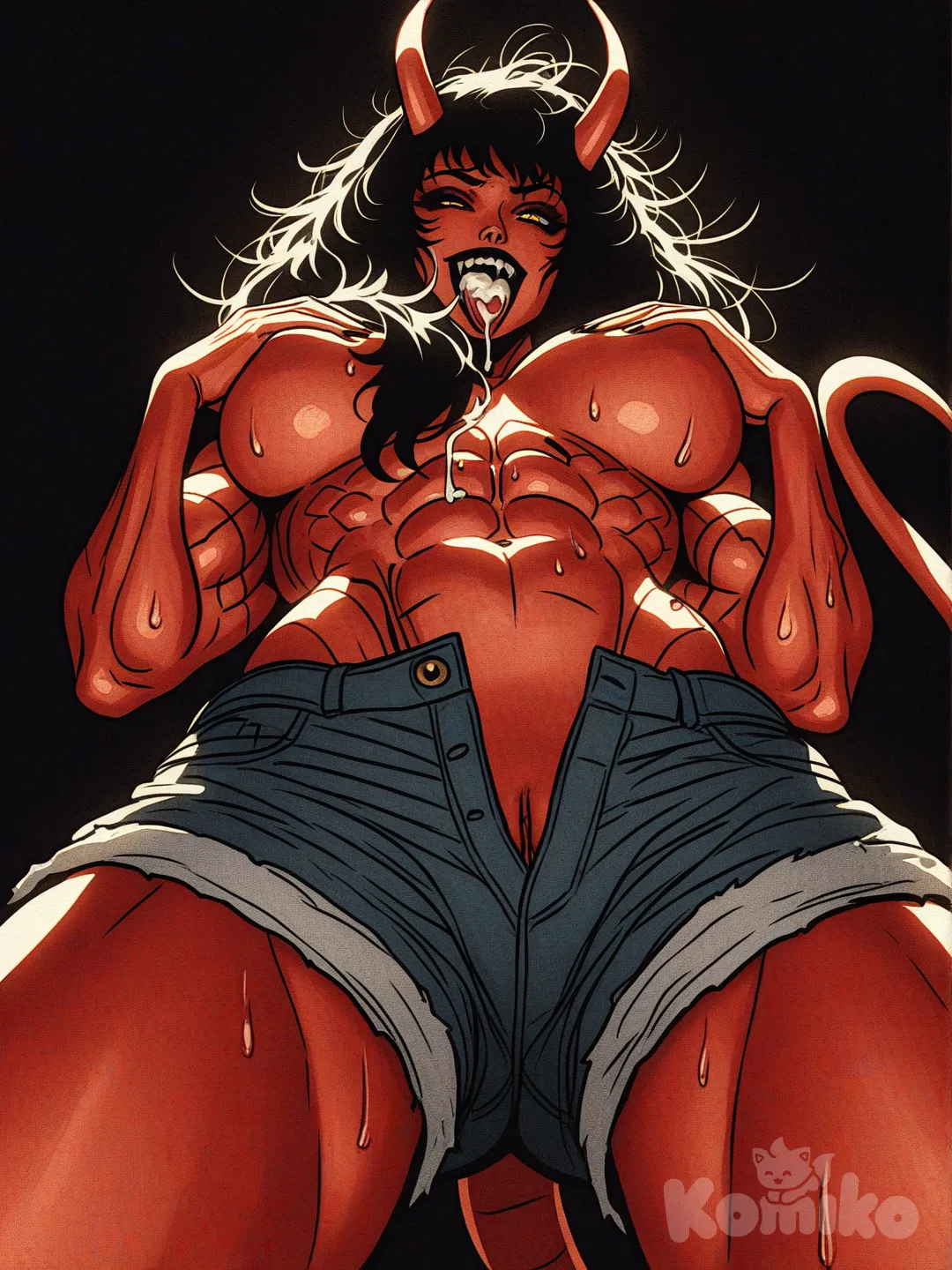 @Malevola, topless female, muscular female, crimson red skin, eight pack abs, biceps, medium breasts, perky breasts, perky nipples, grabbing own breasts, from below, sweat, steaming body, yellow eyes, no pupil, eyeliner, gothic, traditional media, long black hair, demon horns, black fake nails, black lips, hair over left shoulder, looking at viewer, open buttoned shorts, cum on tongue, winking, shadow, bare hips, bare pussy, obliques, messy hair, facing viewer, ahegao smile, [action-manga-style], muscular shoulders, shredded muscles, black background