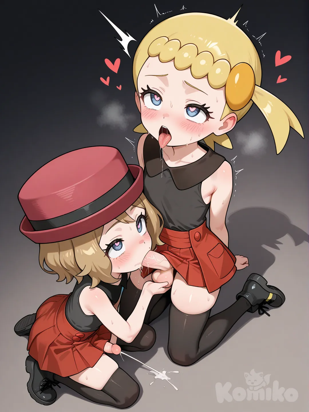 bonnie as a child from pokemon wears serenas outfitred skirt black top and black overknees with black shoes and red hat with a black line sucks serenas dick serena makes a cum face both are fully to see as a child