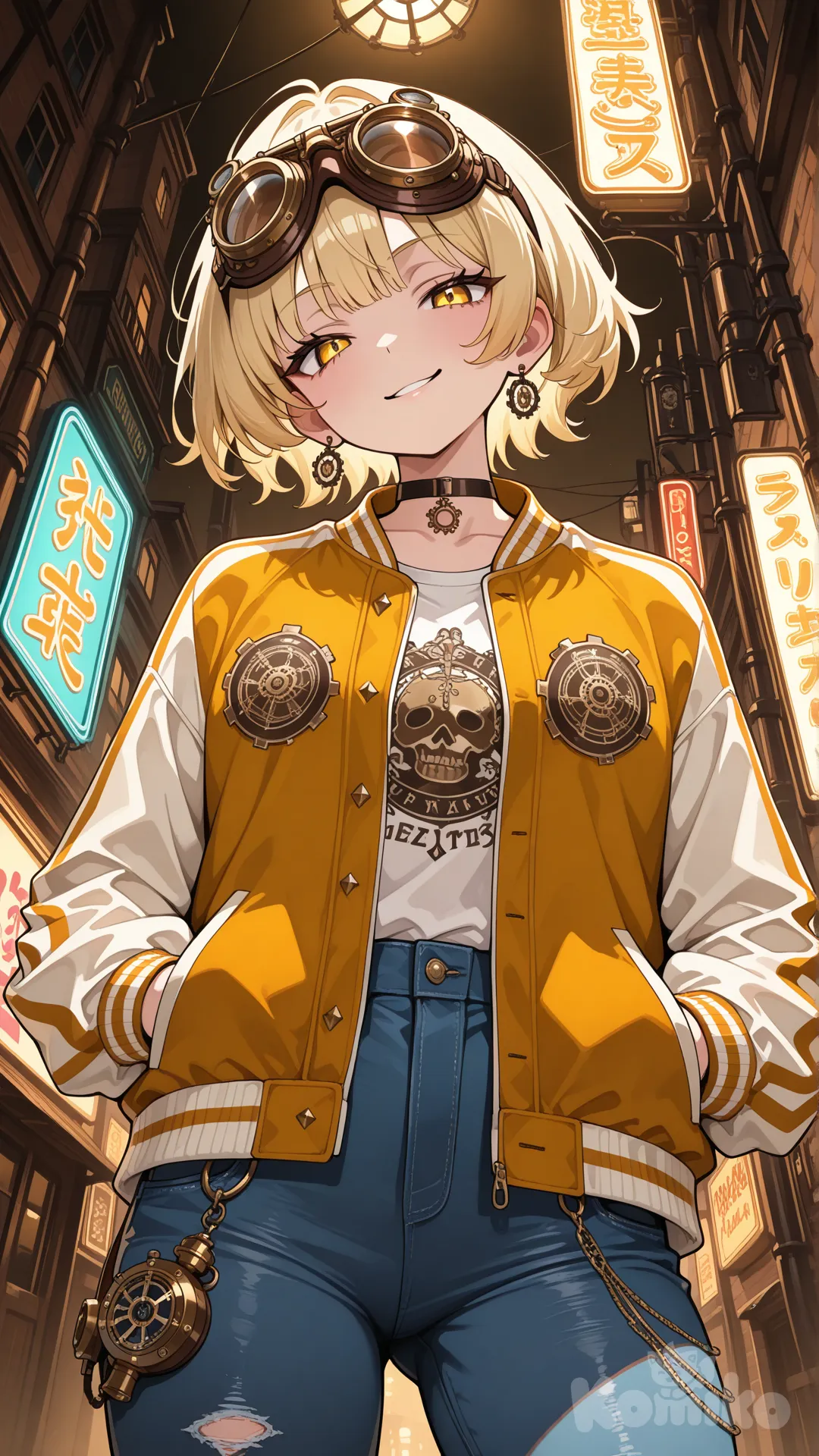 1girl, soft shaded moe style, hands in pockets, head tilt, smirk, varsity jacket, jeans, choker, steampunk goggles, blonde hair, ivory white, looking at viewer, from below, neon lights, clean background, fashionable, dynamic angle, confident expression, clothing, stylish, vibrant colors, soft lighting, trendy outfit, intricate details, cool pose