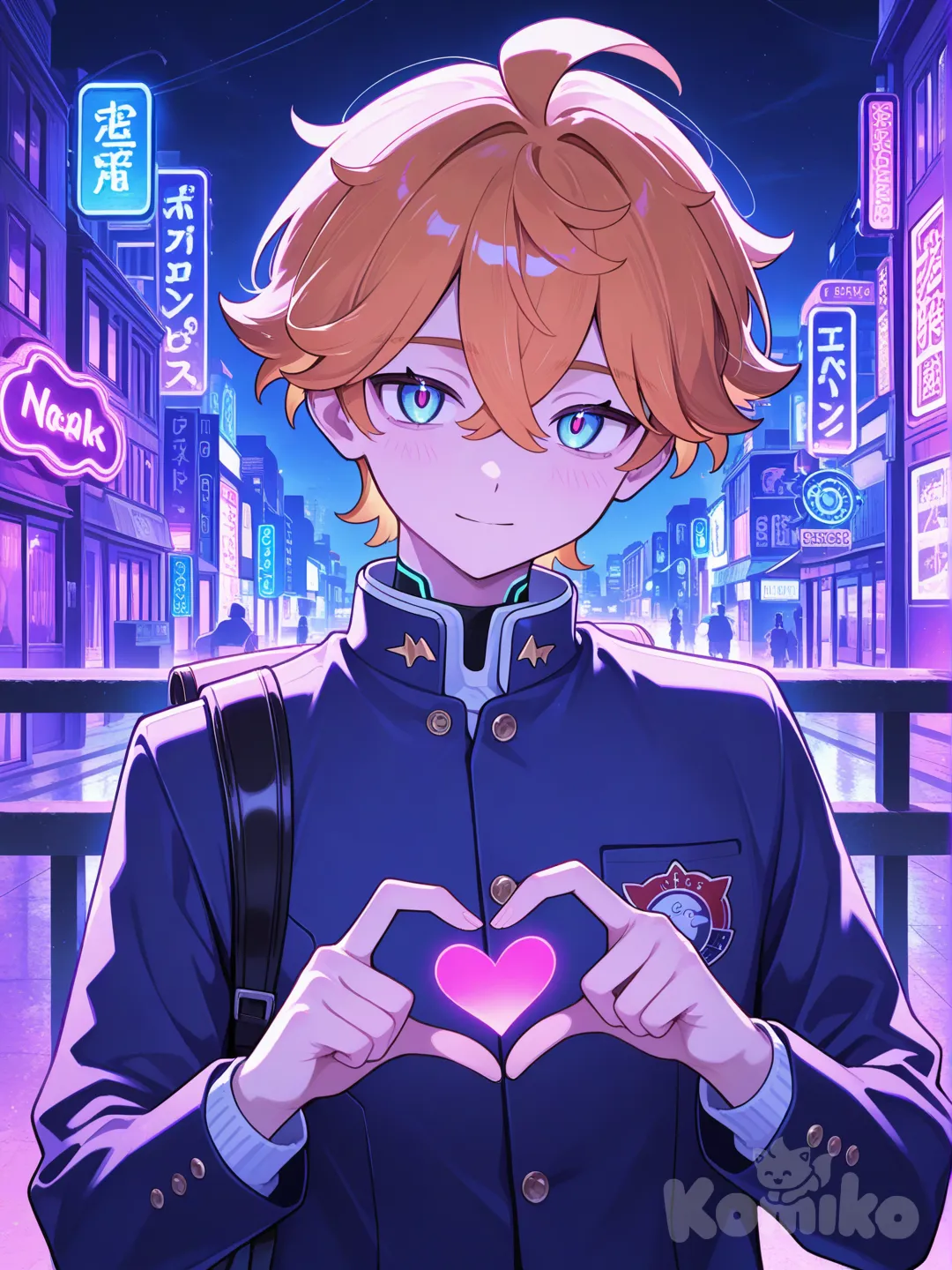 @N_(Pokemon), heart hands, school uniform, upper body, neon lights, cityscape