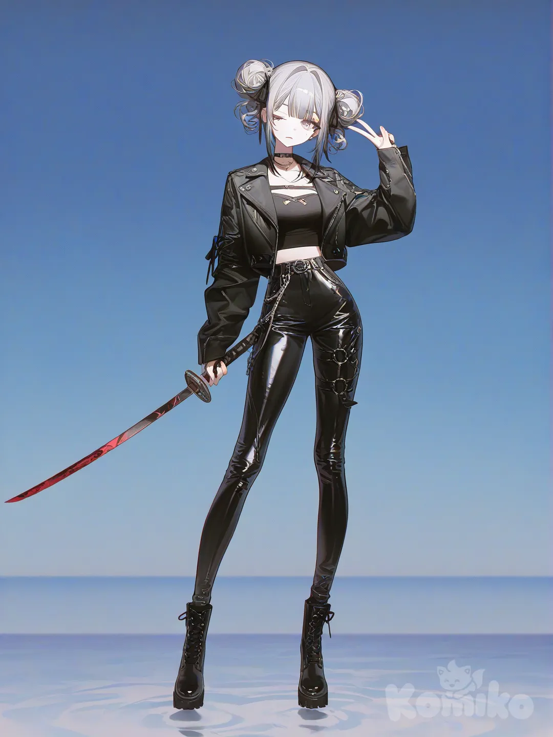 [high-contrast-glossy-style], 1girl, holding sword, one eye closed, punk leather jacket, wide-leg pants, double buns, straight bangs, spiral curls, full body, rim light, blue sky