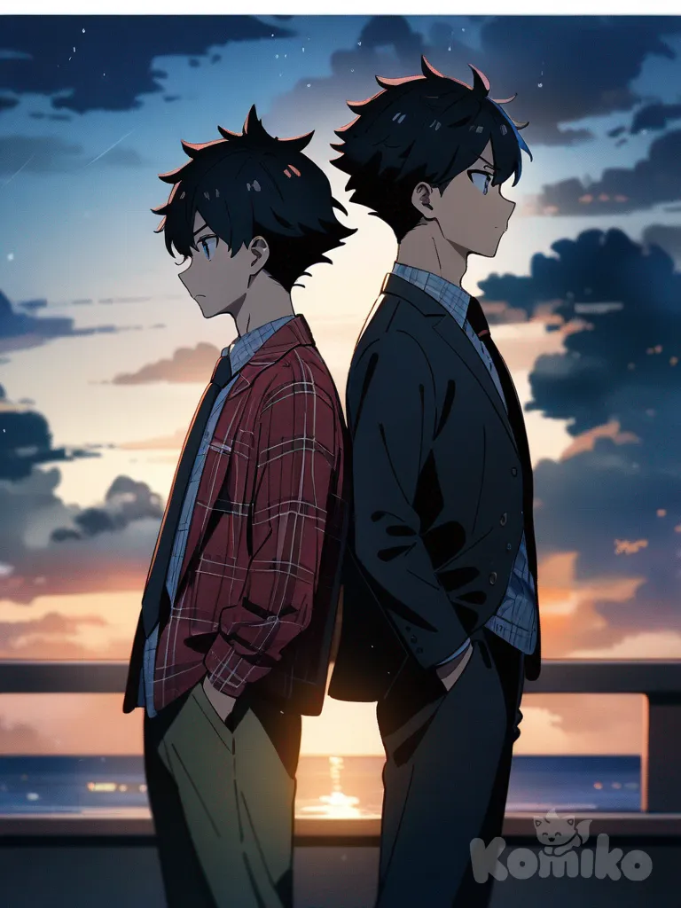 2boys, watercolor (medium), anime coloring, back to back, frown, spiky hair, plaid shirt, suit pants, tie, side profile photo, rim light, neon lights, twilight, ocean, blue sky, cloud, rainy, starry sky