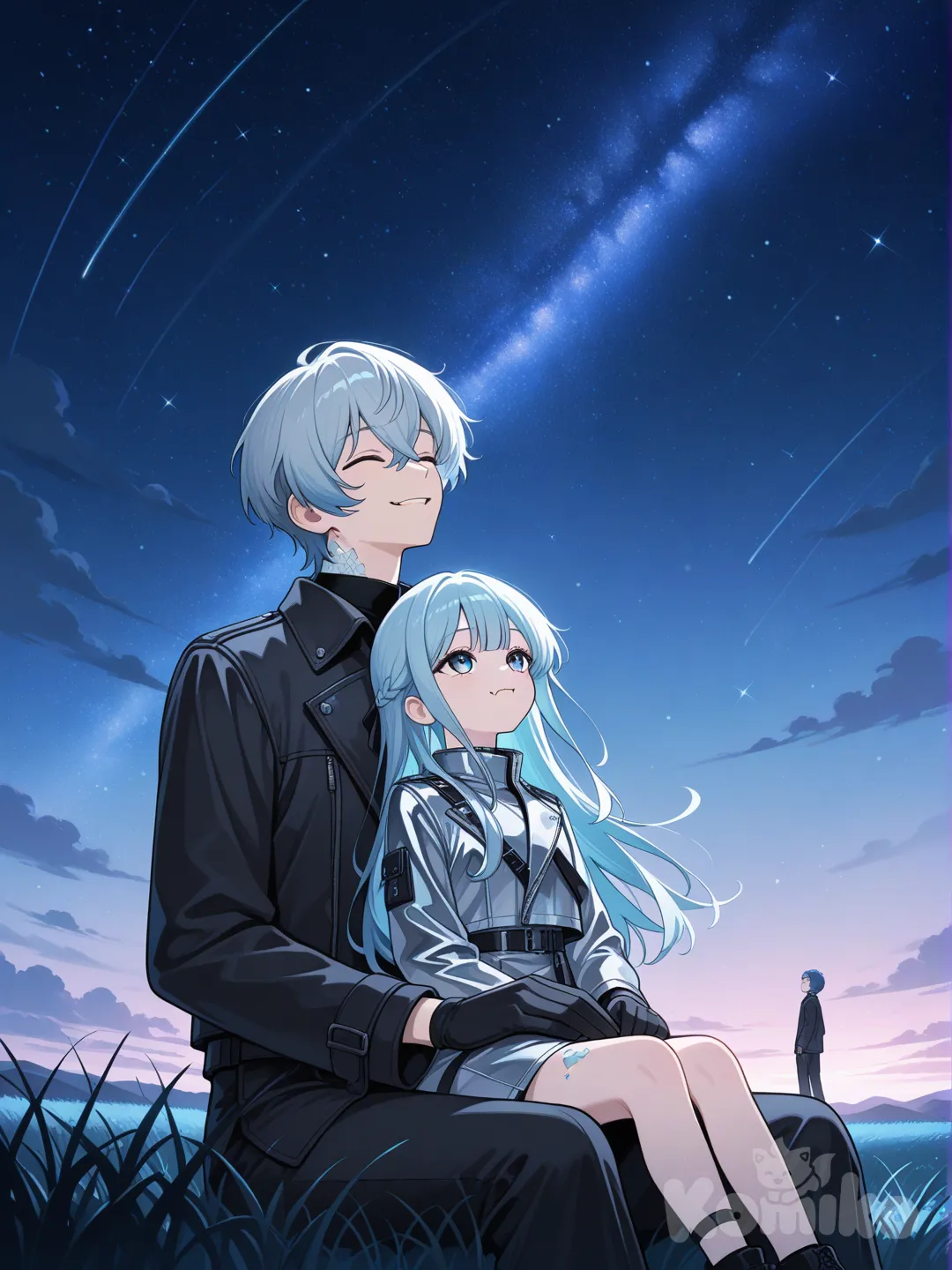 1boy, very handsome, black gloves, anime coloring, minimalist palette, fair skin, sitting in a grass meadow, looking up, elegant scales on skin, small fangs, long straight blue hair, aquamarine eyes, wearing a black jacket and black pants, nighttime, smiling, and 1girl, 2people, sitting on lap, silver jacket and black pants, young teenager, long pale straight teal hair, eyes closed