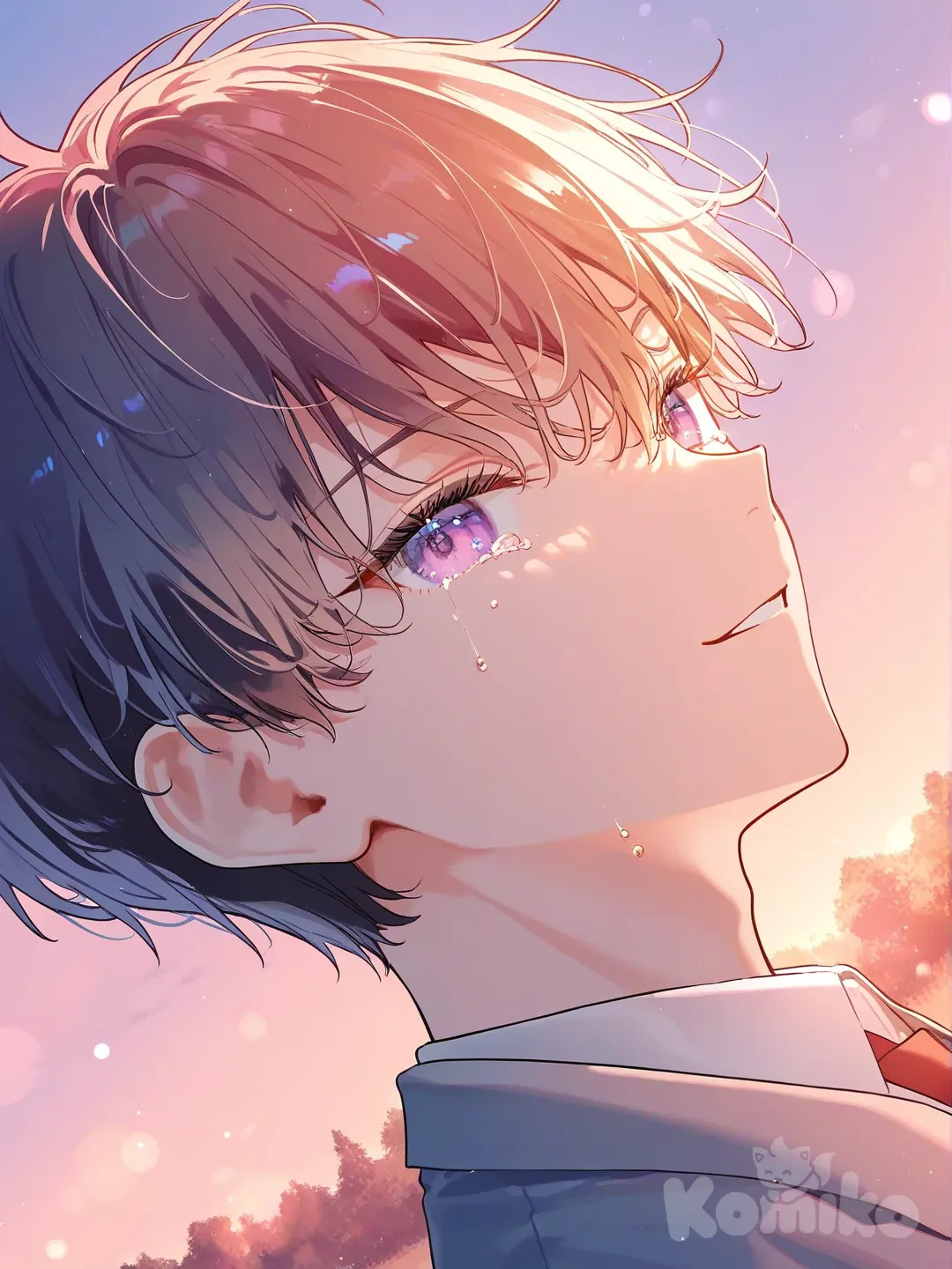 @Okkotsu_Yuuta, [iridescent-style], sitting on the ground, crying, tears, smile, school uniform, side profile photo, day, sunrise with gold pink and orange light, cliff above a forest, closeup, headshot