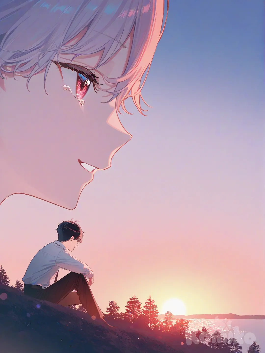 @Okkotsu_Yuuta, [iridescent-style], sitting on the ground, crying, tears, smile, school uniform, side profile photo, day, sunrise with gold pink and orange light, cliff above a forest, closeup