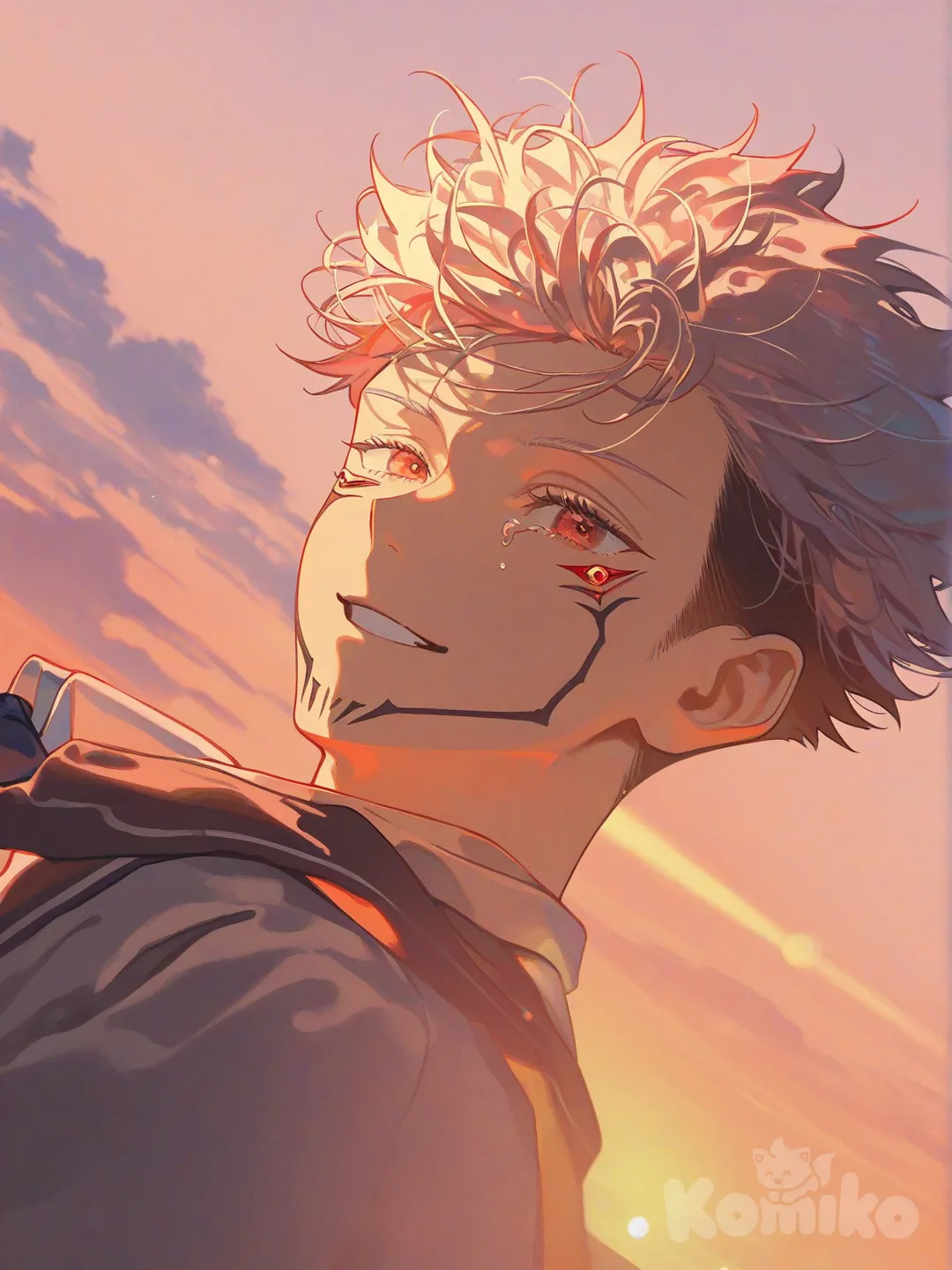 [iridescent-style], sitting on the ground, crying, tears, smile, school uniform, side profile photo, day, sunrise with gold pink and orange light, cliff above a forest, closeup, headshot, 1boy, @Ryoumen_Sukuna_(Jujutsu_Kaisen)