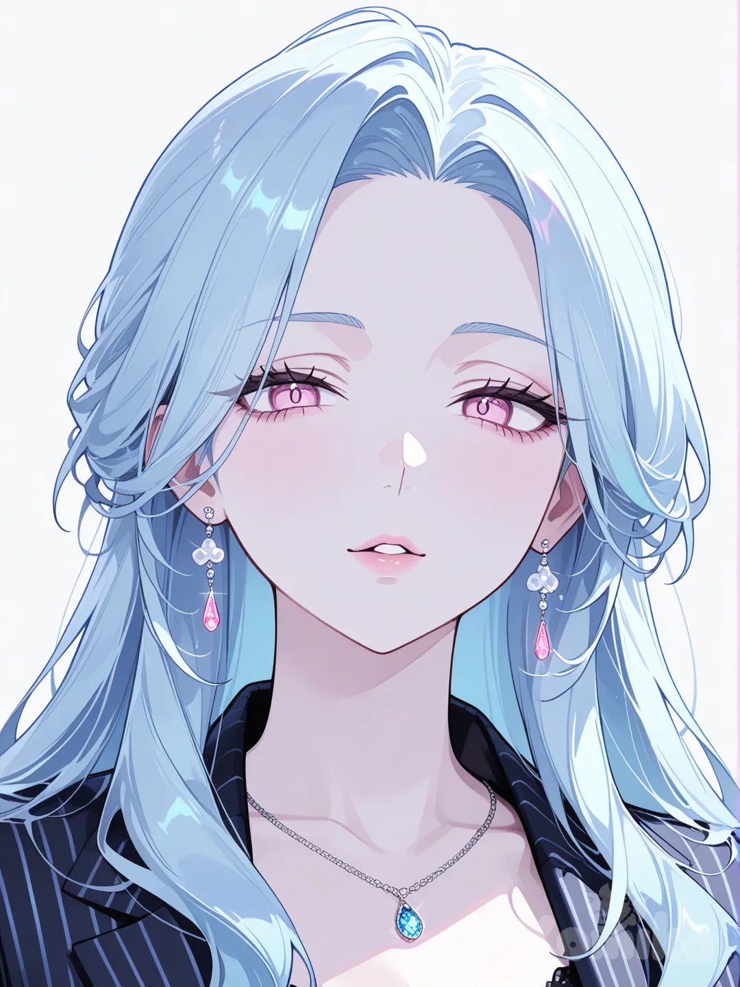 1girl, 64 years old (middle-aged oldish), cherry pink eyes, light blue long hair, white skin, suit