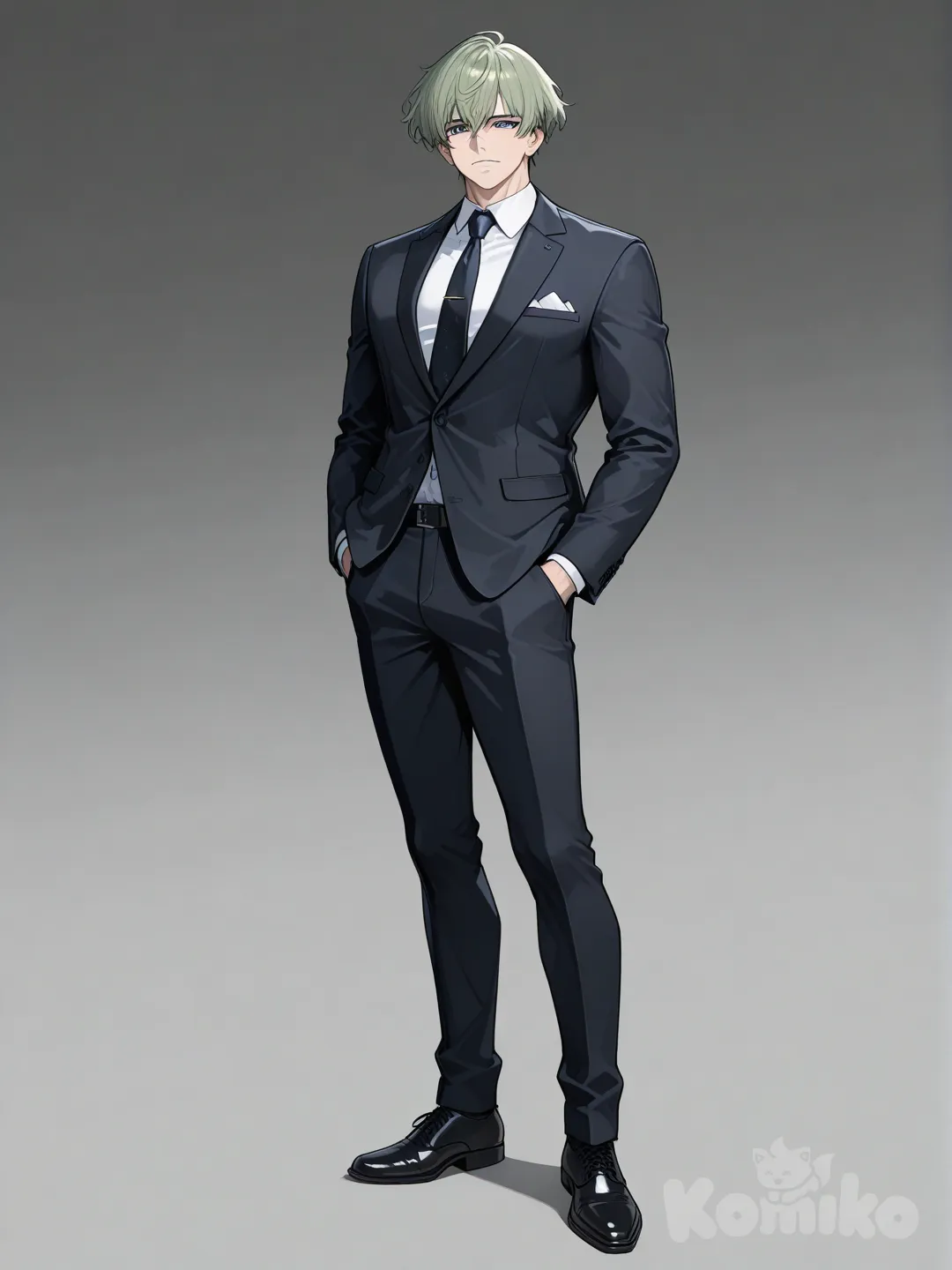 1boy, adult, dark blue eyes, sage green hair, light skin, handsome, hands in pockets, suit, tall