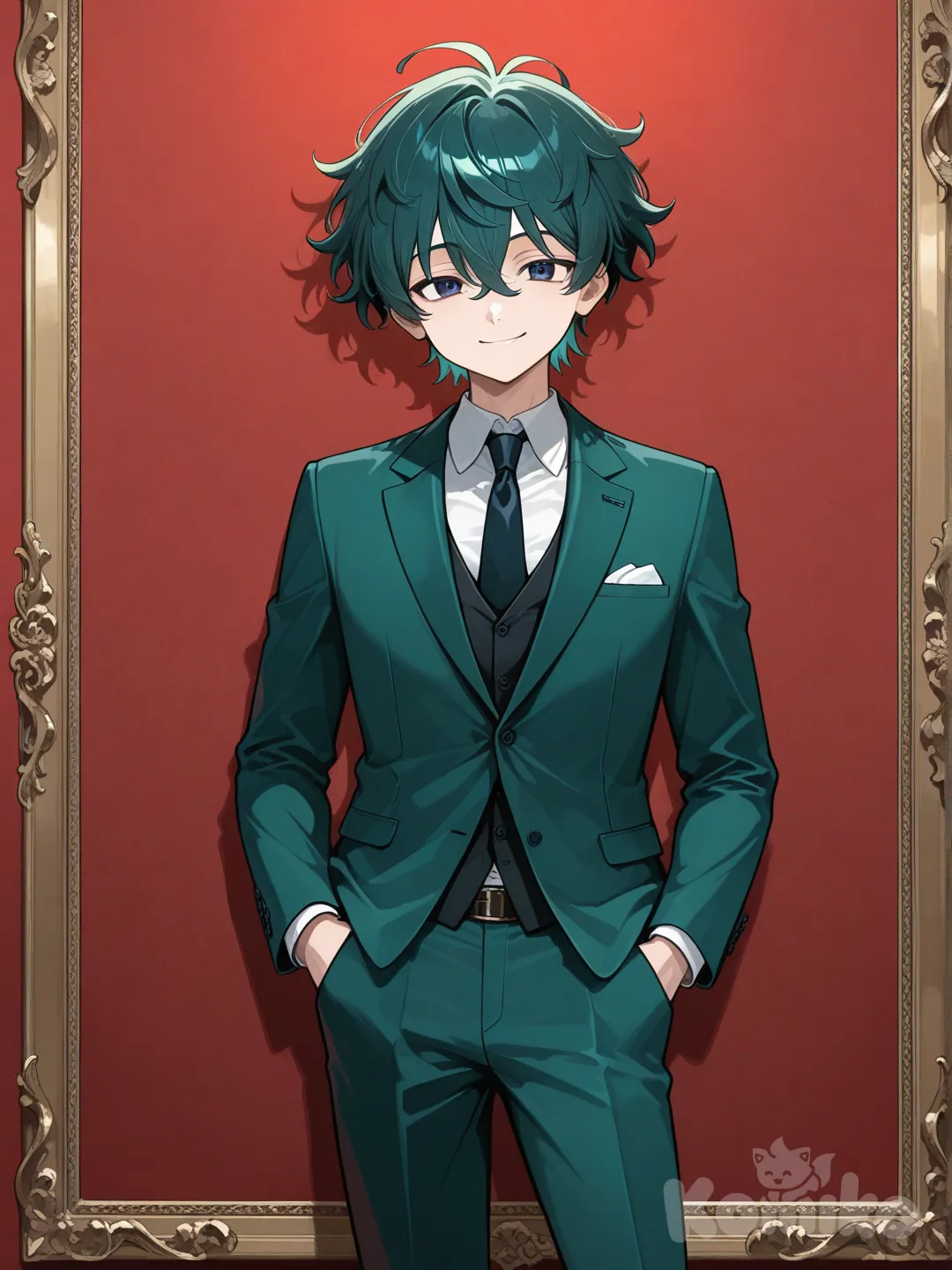 1boy, young adult, dark blue eyes, messy hair, short hair, sage green hair, light skin, handsome, hands in pockets, suit, tall, smiling