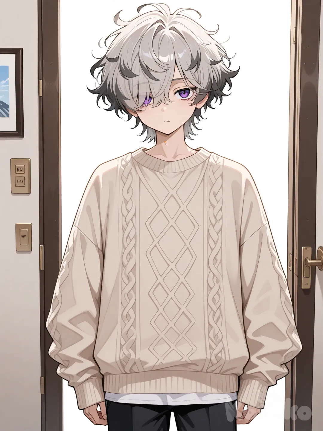 A teenage boy with short wavy messy grey hair in different shades of grey, wearing a light beige sweater with black accents, handsome, beautiful purple eyes and black pants, his hair seems to flutter in invisible wind, standing up on its own, his hair covers one of his eyes.