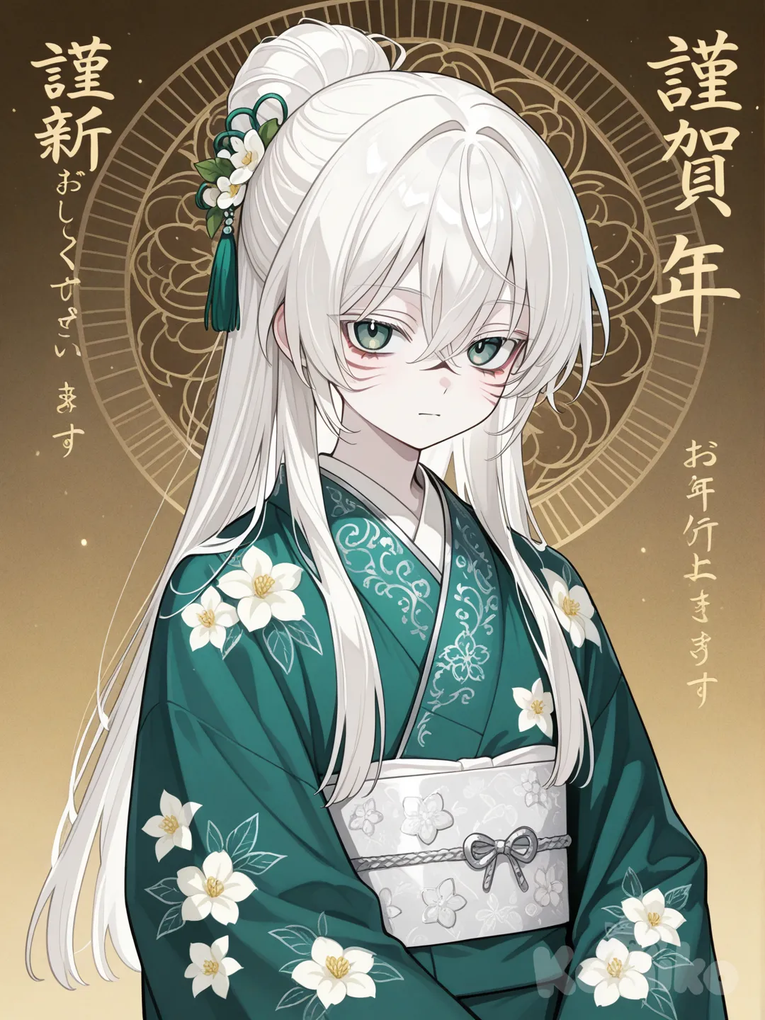 A six-year-old boy with long straight milky white hair in an ancient style (one man bun maybe) and emerald green eyes, pale skin, wears a fancy green and silver kimono with trillium flower patterns, handsome, sharp features