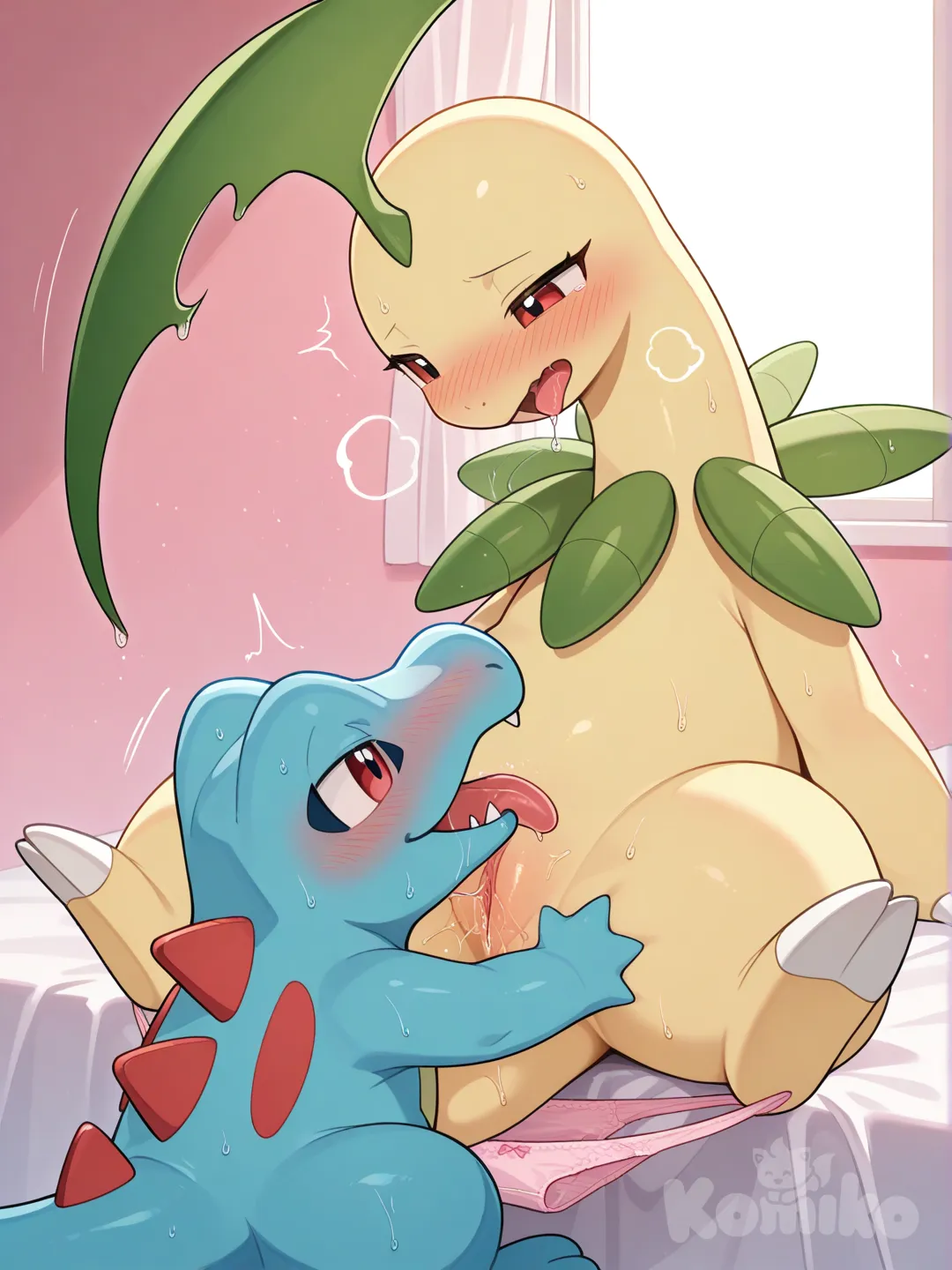 Bayleef en celo tiene las bragas abajo mientras totodile le realiza sexo oral