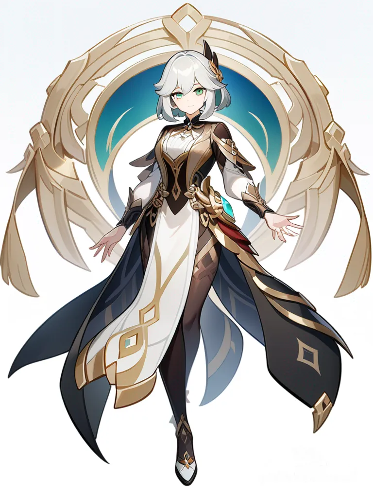 1girl, Genshin Impact style, long silver hair, vibrant green eyes, slender frame, elegant dark red and gold attire, cold smile, delicate hands, graceful posture, mature, single character, full body, looking at viewer, anime style, simple background, white background