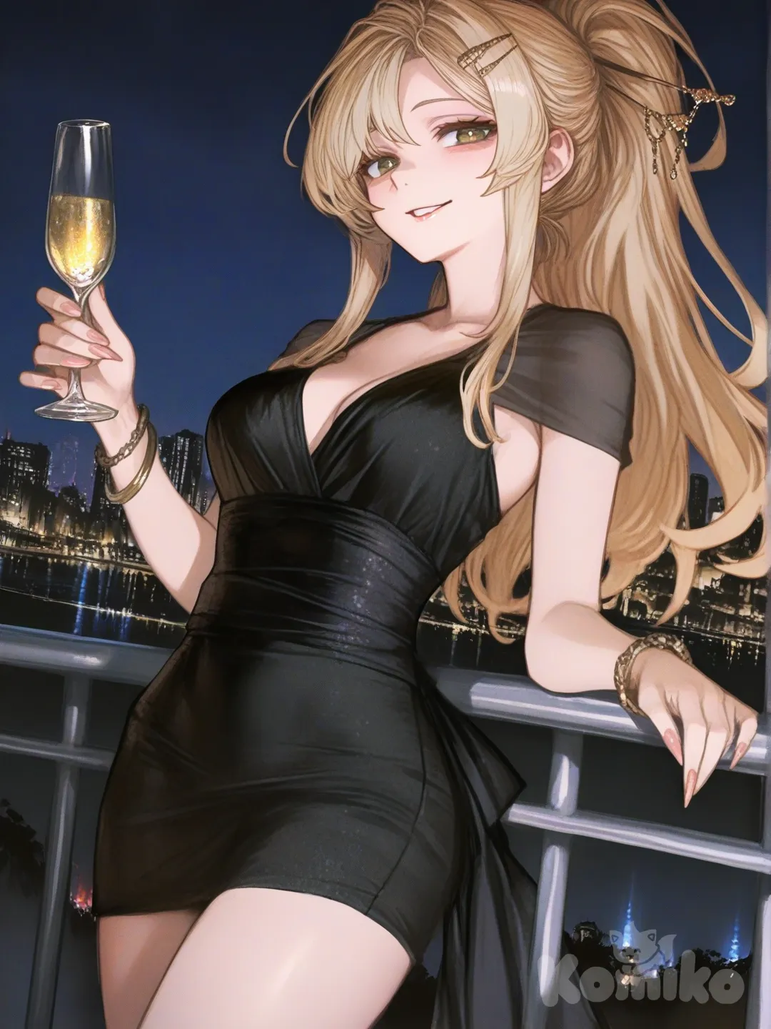 [semi-realistic-portrait-style], little black dress, 1girl, holding a glass of champagne, hairpin, bracelet, blonde hair, long hair, high ponytail, long legs, long fingernails, upper body, city lights, cityscape