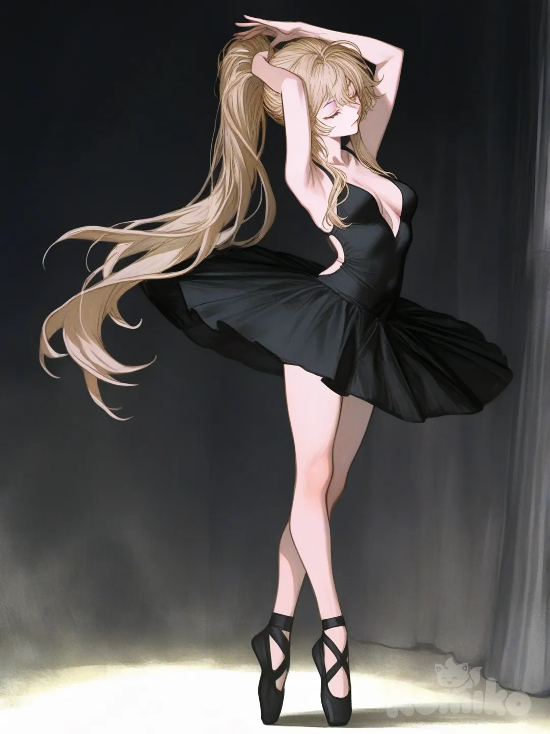 1girl, [semi-realistic-portrait-style], expressionless, ballerina, black flowing dress, extremely long blonde hair in a high ponytail, long legs, black ballet shoes, arms gracefully extended above head, legs crossed over gracefully, closed eyes, standing up on tiptoes