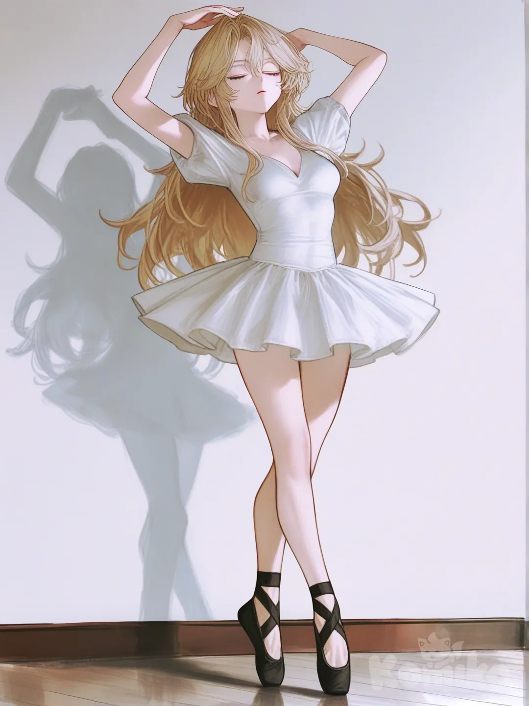 1girl, [semi-realistic-portrait-style], expressionless, ballerina, short flowing dress, long blonde hair, medium breasts, long legs, black ballet shoes, arms gracefully extended above head, legs crossed over gracefully, closed eyes, standing up on tiptoes