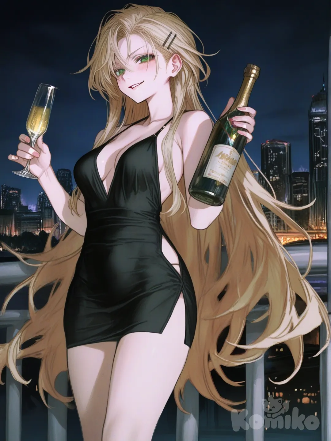 1girl, [semi-realistic-portrait-style], holding champagne bottle, smirk, tight and short black dress, hairpin, blonde hair, very long hair, long legs, night, cityscape, slim body shape