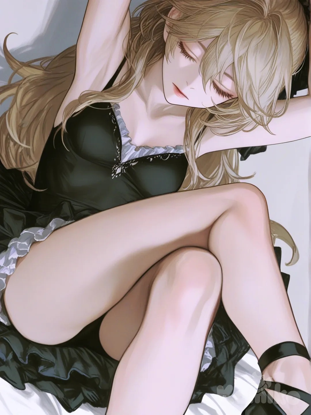 1girl, [semi-realistic-portrait-style], expressionless, ballerina, short flowing dress, long blonde hair, medium breasts, long legs, black ballet shoes, arms gracefully extended above head, legs crossed over gracefully, closed eyes
