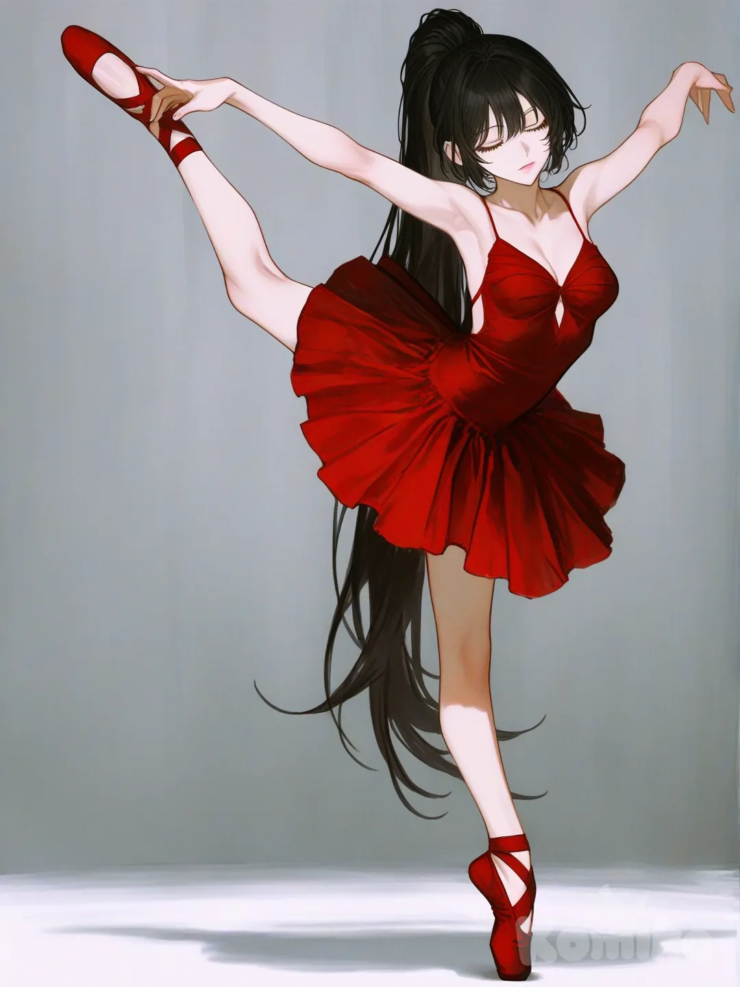 1girl, [semi-realistic-portrait-style], expressionless, ballerina, short revealing dark red flowing dress, extremely long black hair in a high ponytail, medium breasts, long legs, dark red ballet shoes, arms gracefully extended above head, leg raised behind gracefully, closed eyes, standing up on tiptoes