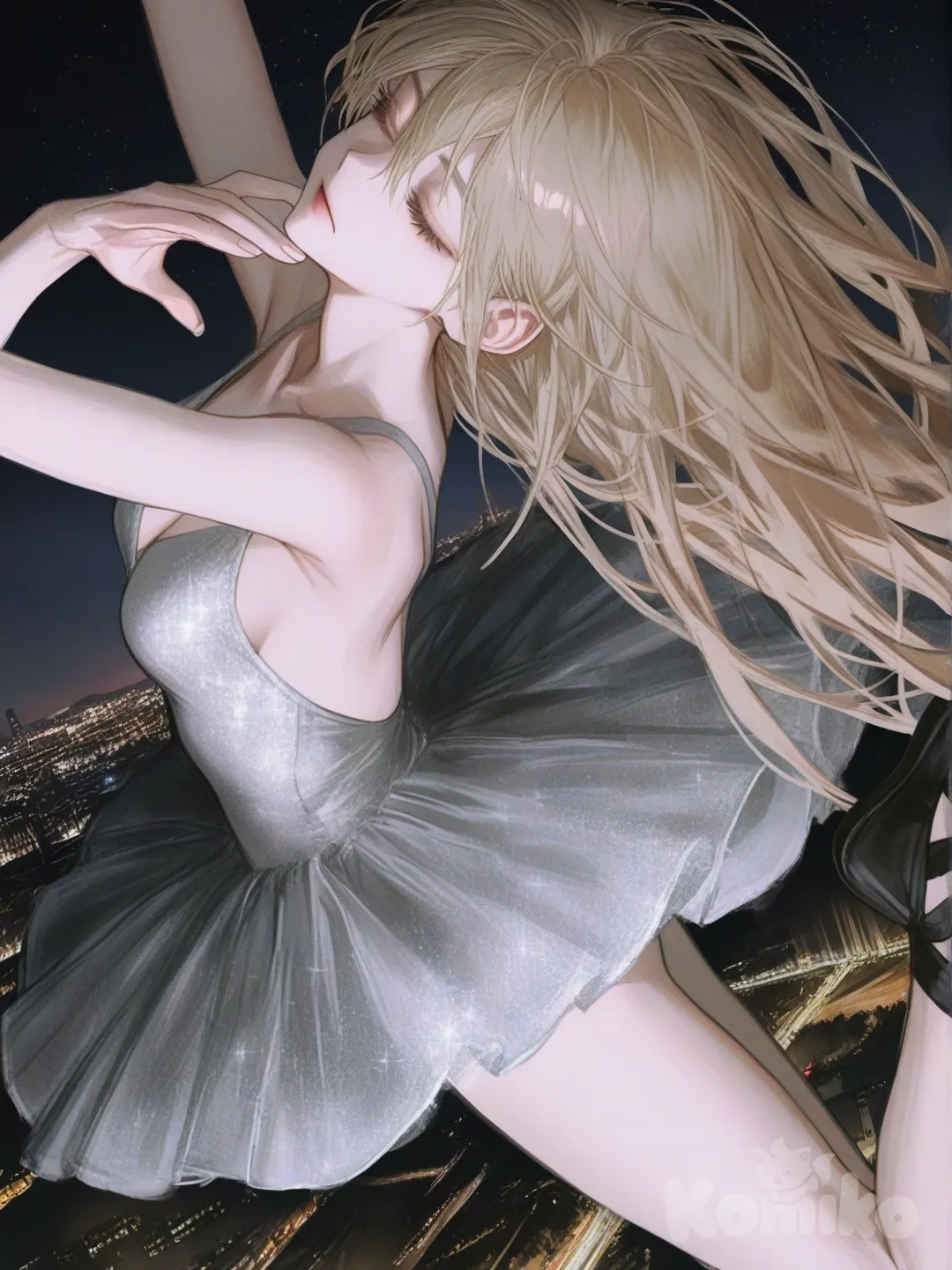 1girl, [semi-realistic-portrait-style], expressionless, ballerina, short white and silver flowing ballet dress, long blonde hair, medium breasts, long legs, black ballet shoes, arms gracefully extended above head, legs crossed over gracefully, closed eyes, pirouetting, night, city