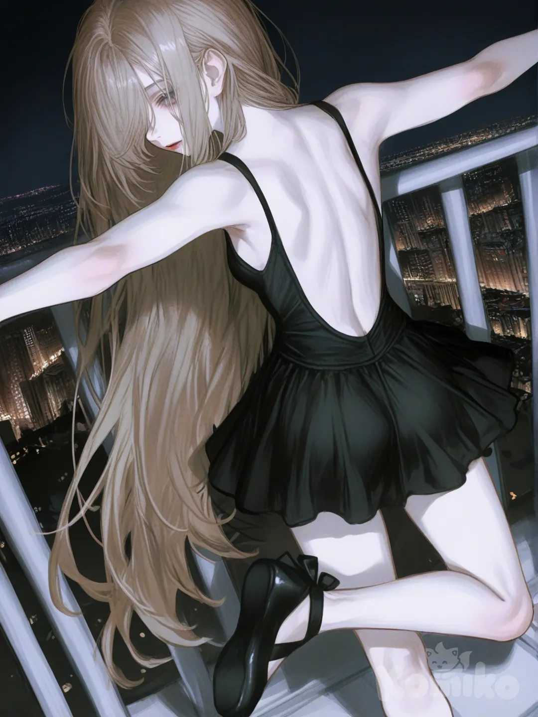 1girl, [semi-realistic-portrait-style], standing on the railing of a balcony, standing on one leg, standing on tiptoes, extremely long blonde hair, long legs, fair skin, facing away, short revealing black ballet dress, black ballet shoes, bare arms, arms held gracefully above head, night time, city