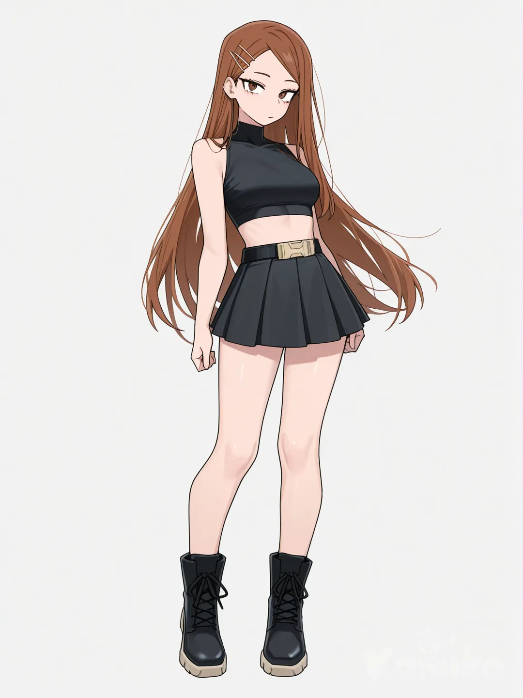 [toon-shaded-style] 1girl, semi-realistic style, slim, medium_breasts, very_long_hair, brown_hair, hazel_eyes, long_legs, fair_skin, black_crop_top, black_miniskirt, black_combat_boots, hairpin, my_hero_academia, single_character, full_body, looking_at_viewer, simple_background, white_background