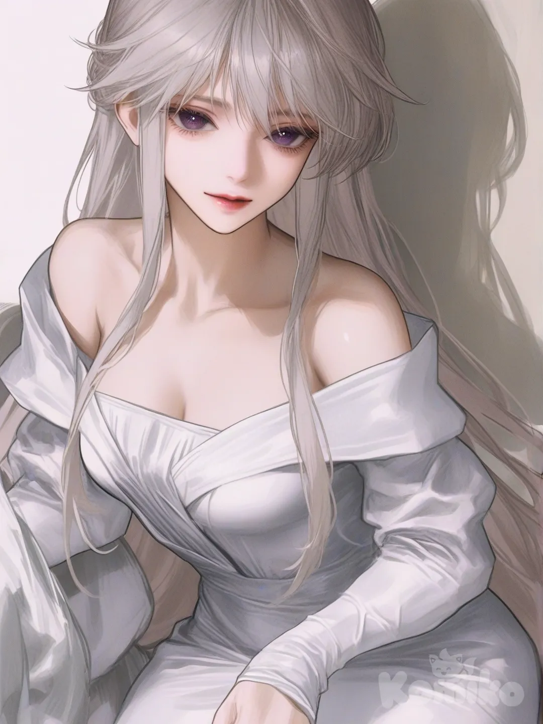 @Enterprise_(Azur_Lane), White A-line off-the-shoulder long wedding party dress, ruched long-sleeved evening gown., [semi-realistic-portrait-style]