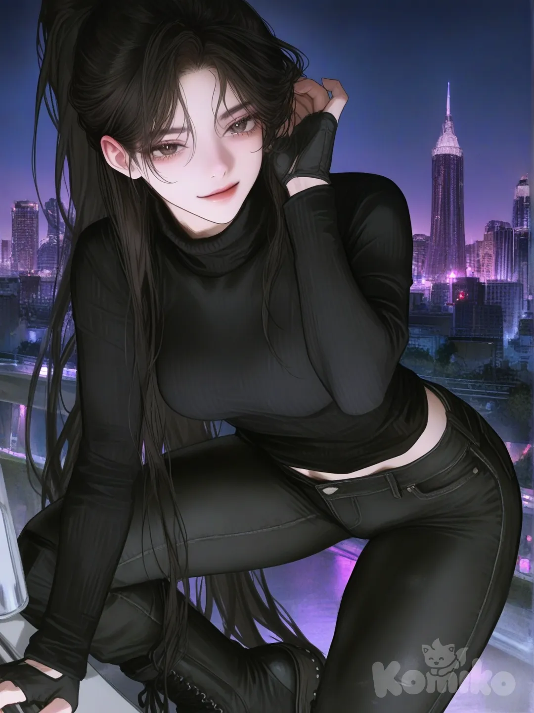 black skinny jeans, smirk, flowing dark hair, 1girl, very long hair, city, long legs, medium breasts, black combat boots, black fingerless gloves, high ponytail, tucking hair behind ear, black long sleeved tight turtleneck, [semi-realistic-portrait-style]