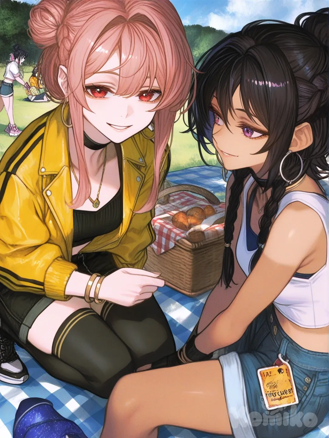 @Zoey, @Rumi, @Mira, [semi-realistic-portrait-style], smile, picnic