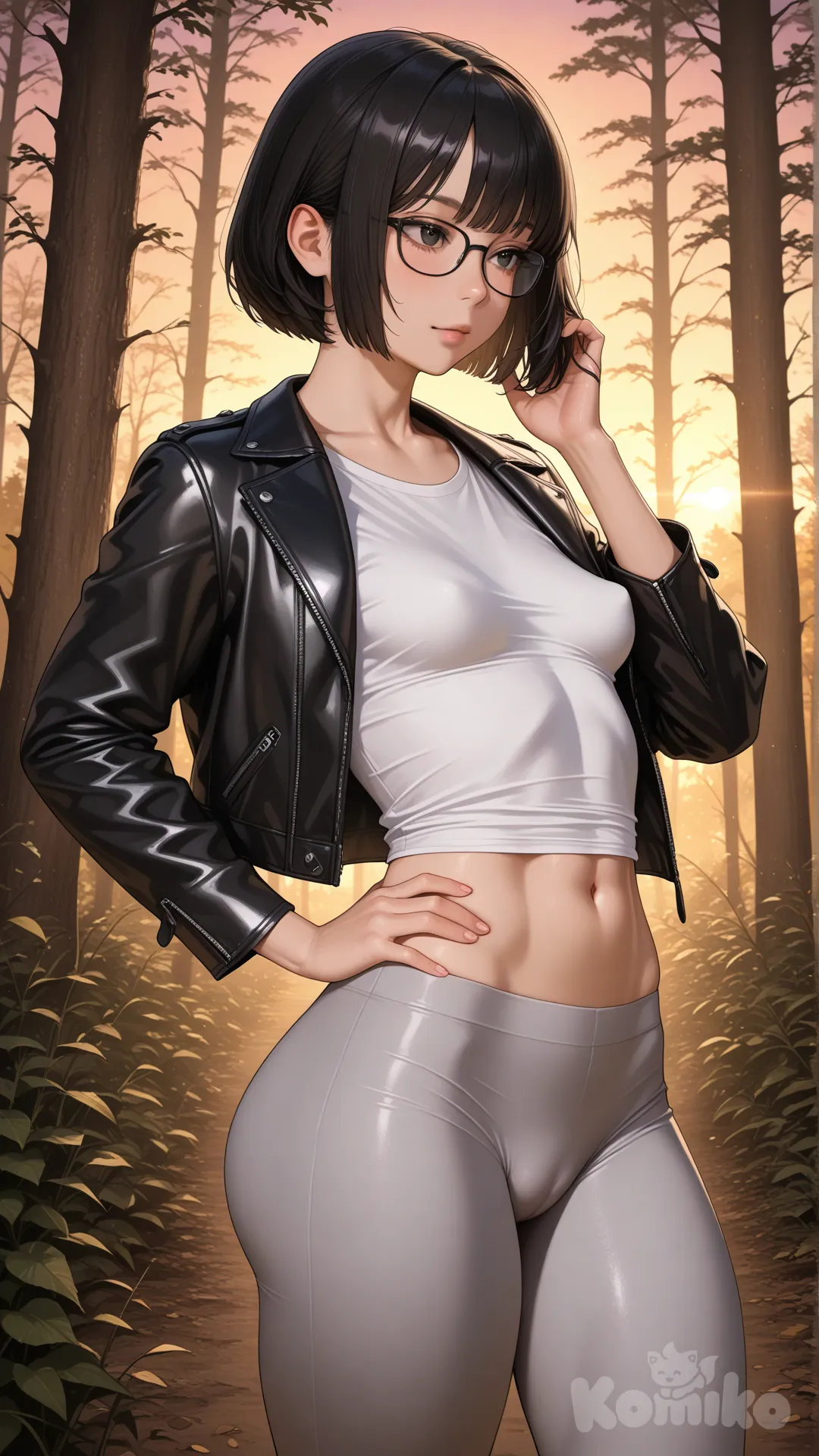 Porno, realistic, jolie fille coupe au carré cheveux noir ,petite de taille,avec des lunettes de vue noir , petit seins arrondi ventre plat, cuisses et fesses musclées, entrejambe détaillé, t-shirt blanc veste en cuir noir ouvert, legging gris clair, pussy cameltoe, debout une main dans les cheveux l'autre main sur la hanche, dans une forêt au crépuscule