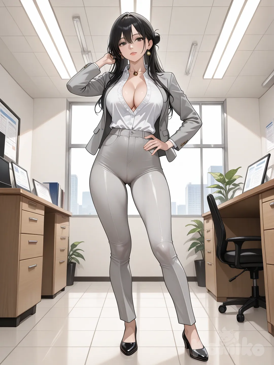 pornography, realistic, jolie femme grande cheveux noirs long lisse avec un chignon sur la tête deux mèches devant jolie poitrine chemisier Blanc entrouvert vestes de tailleur gris clair pantalon de tailleur très moulant pate d'éléphant de couleur gris clair une main dans les cheveux une main sur la hanche, Pussy serré dans le pantalon dans un bureau Vu de face