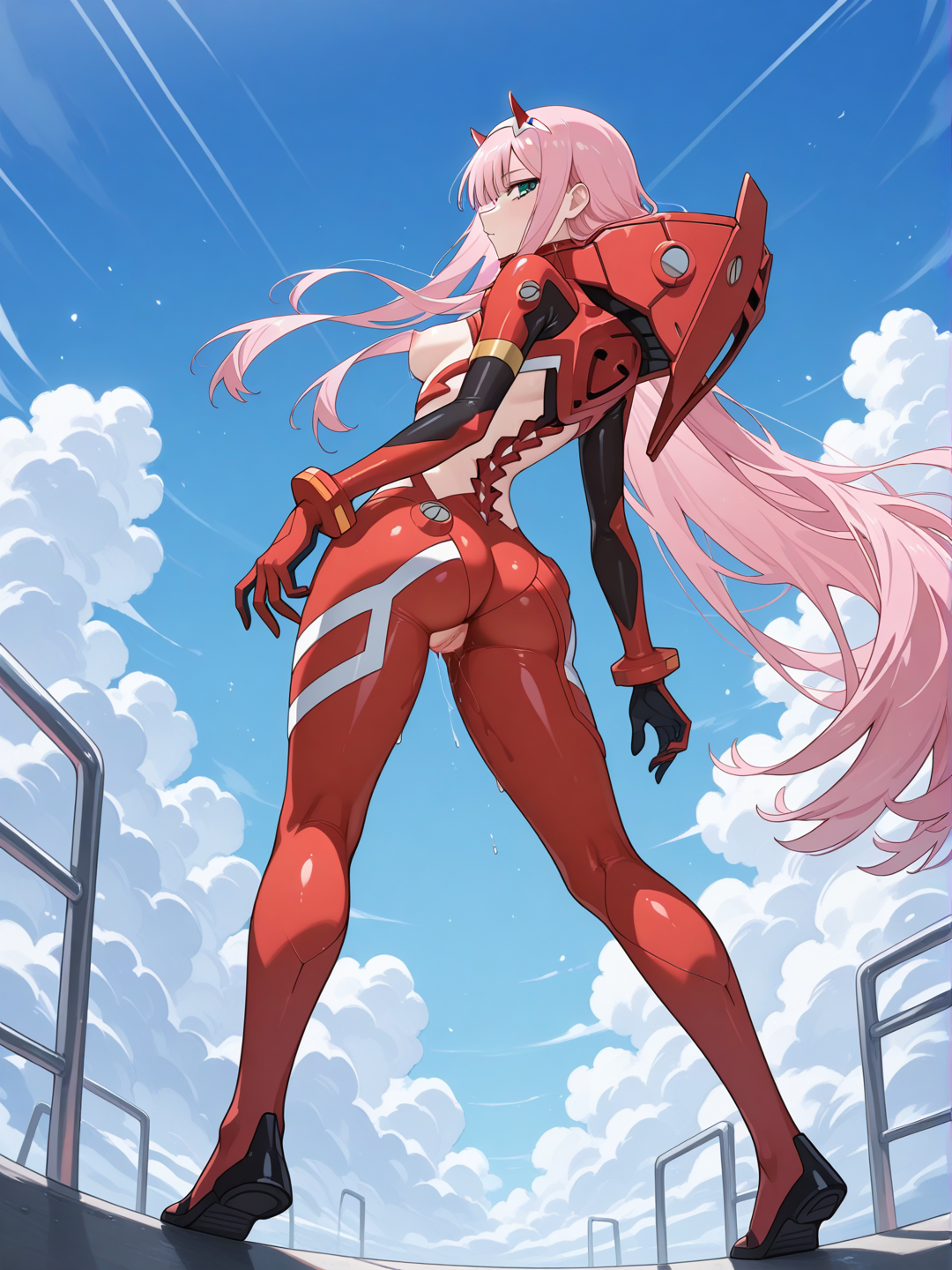 {
 "subject": {
 "character_name": "Zero Two (Darling in the Franxx)",
 "hair": {
 "color": "Pink",
 "style": "Very long, flowing wildly upwards in the wind",
 "motion": "Dynamic, windswept"
 },
 "face": {
 "angle": "Profile view, looking back over shoulder",
 "expression": "Serious, sharp gaze",
 "eyes": "Teal green, visible through hair strands"
 },
 "body": {
 "pose": "Standing, back turned to camera, twisting torso to look back",
 "hands": "Left hand extended downwards, fingers splayed in tension"
 }
 },
 "outfit": {
 "uniform": "Full body red pilot suit (plugsuit)", breasts out,
 "back_details": "Prominent mechanical spine structure (vertebrae-like), large red mechanical hood/collar behind neck",
 "lower_body": "White stripes on back of thighs/knees", naked ass, pussy visible, pussy juice,
 },
 "composition": {
 "camera_angle": "Low angle shot (looking up from below)",
 "framing": "From behind (Back view), emphasizing the back design and hair flow"
 },
 "environment": {
 "background": "Clear light blue sky",
 "elements": "Subtle white particles or stars, soft clouds at the bottom"
 },
 "art_style": {
 "medium": "Anime illustration",
 "technique": "Cel shading with soft gradients",
 "vibe": "Epic, dramatic, windy atmosphere"
 }
}