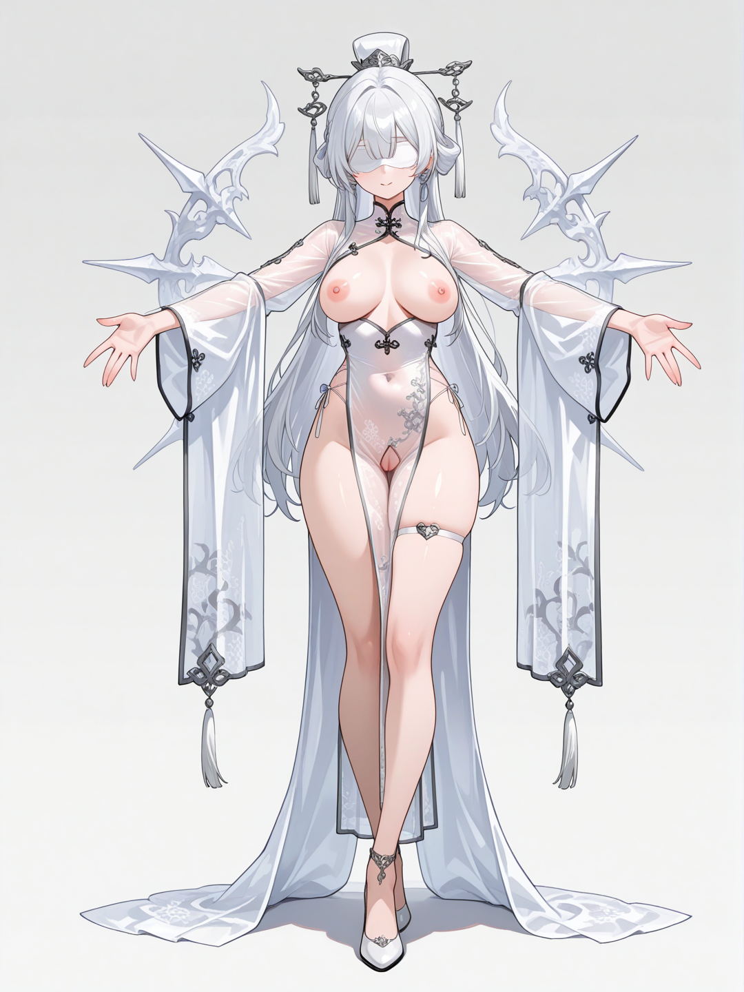 a seductive goddess, wearing a transparent white áo dài, blindfolded with a white cloth, both hands extended forward with palms open, bare breasts, pussy visible