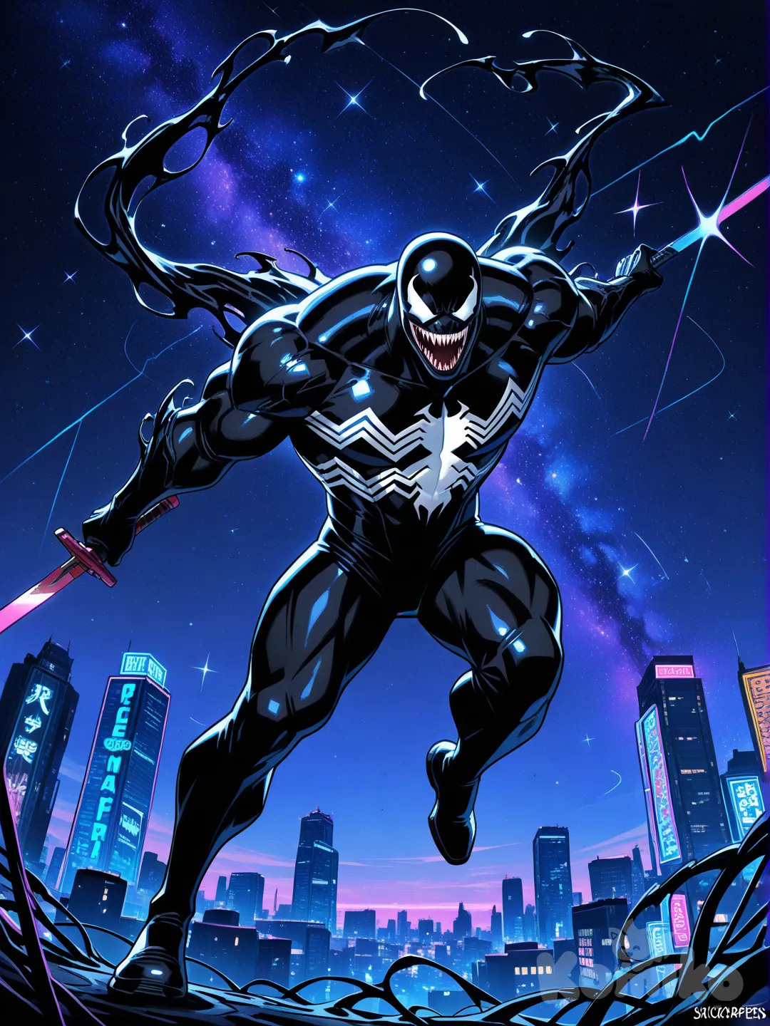 @Venom_(Marvel) cyber, holding sword, cosmic background, cityscape, sparkle, night, neon lights