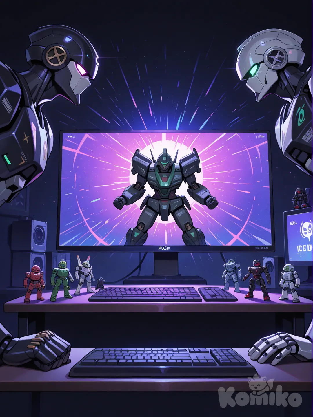 Certainly! Here is a description of the image in English:
🤖 Image Description
This is a close-up shot of a collection of complex action figures or models, likely from the Transformers or a similar mech/robot franchise, displayed in a dimly lit setting.
 * The Figures: There appear to be about six to seven figures grouped together. They are highly stylized with sharp, mechanical details and bright colors. The most prominent figures include:
 * A figure in the center foreground that is primarily military green/sage and grey, standing lower than the others.
 * Several figures positioned slightly behind and above the center one, featuring striking color schemes like red and black, yellow and black, and grey/white and blue. They have large, spiky details on their heads and shoulders, giving them an aggressive or heroic appearance.
 * A figure on the far right that is predominantly black and dark grey.
 * The Background: The figures are positioned directly in front of a computer or TV screen which is displaying a vibrant, abstract pattern of light rays and colors, possibly from a video game or a stylized graphic. The bright screen creates a dramatic, high-contrast effect with the dark figures.
 * The Foreground/Setting: The very bottom of the image shows a dark surface with a subtle glow of pink/purple light coming from a device, which looks like a gaming mouse (a Logitech G mouse is partially visible on the bottom right) or keyboard, suggesting the display is on a gaming desk.
Overall, the picture captures a cool, intense display of collectible robot figures set against a dramatic, glowing backdrop.
Would you like me to identify any of these specific figures or translate this description into Vietnamese?