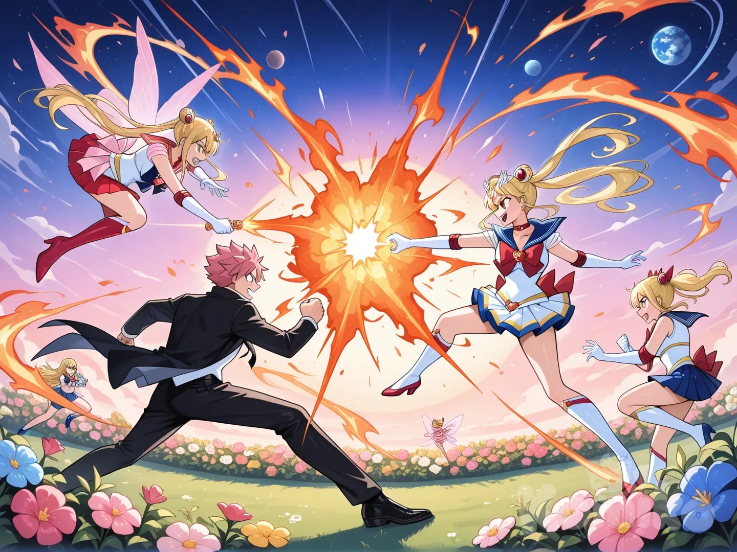 fairy tail, lucy heartfilia, natsu dragneel, happy (fairy tail), flower, garden, fire attack, univere star, fighting, queen beryl (sailor moon), kunzite (sailor moon), tuxedo mask (sailor moon), full body, planet
