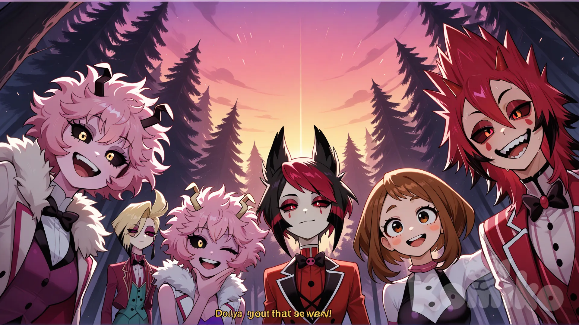 @Uraraka_Ochako, @Kirishima_Eijirou, @Ashido_Mina, @Alastor_The_Radio_Demon, @Angel_Dust, expressionless, one eye closed, smirk, laughing, gradient background, forest, panoramic lens, cinematic lighting
