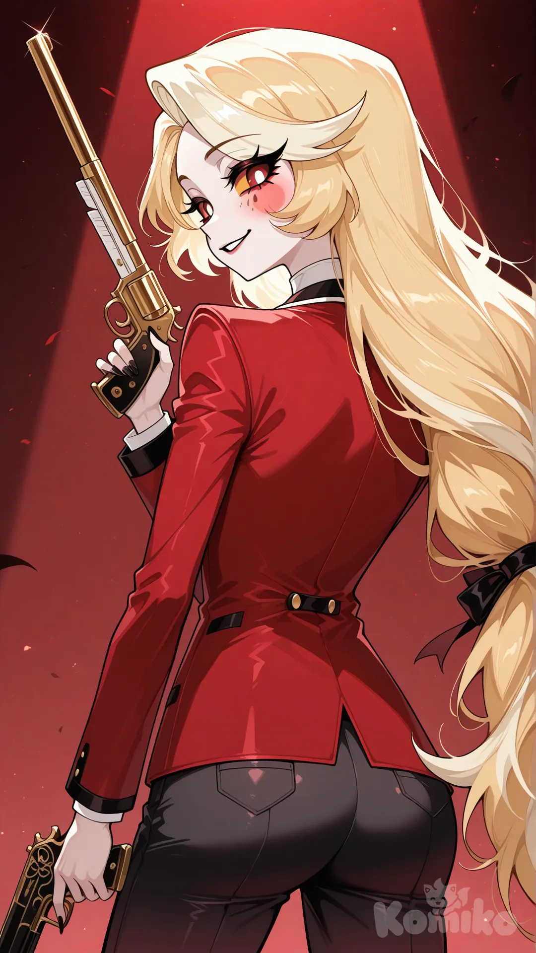 @Alastor_The_Radio_Demon, @Angel_Dust, @Charlie_Magne, holding gun, looking back