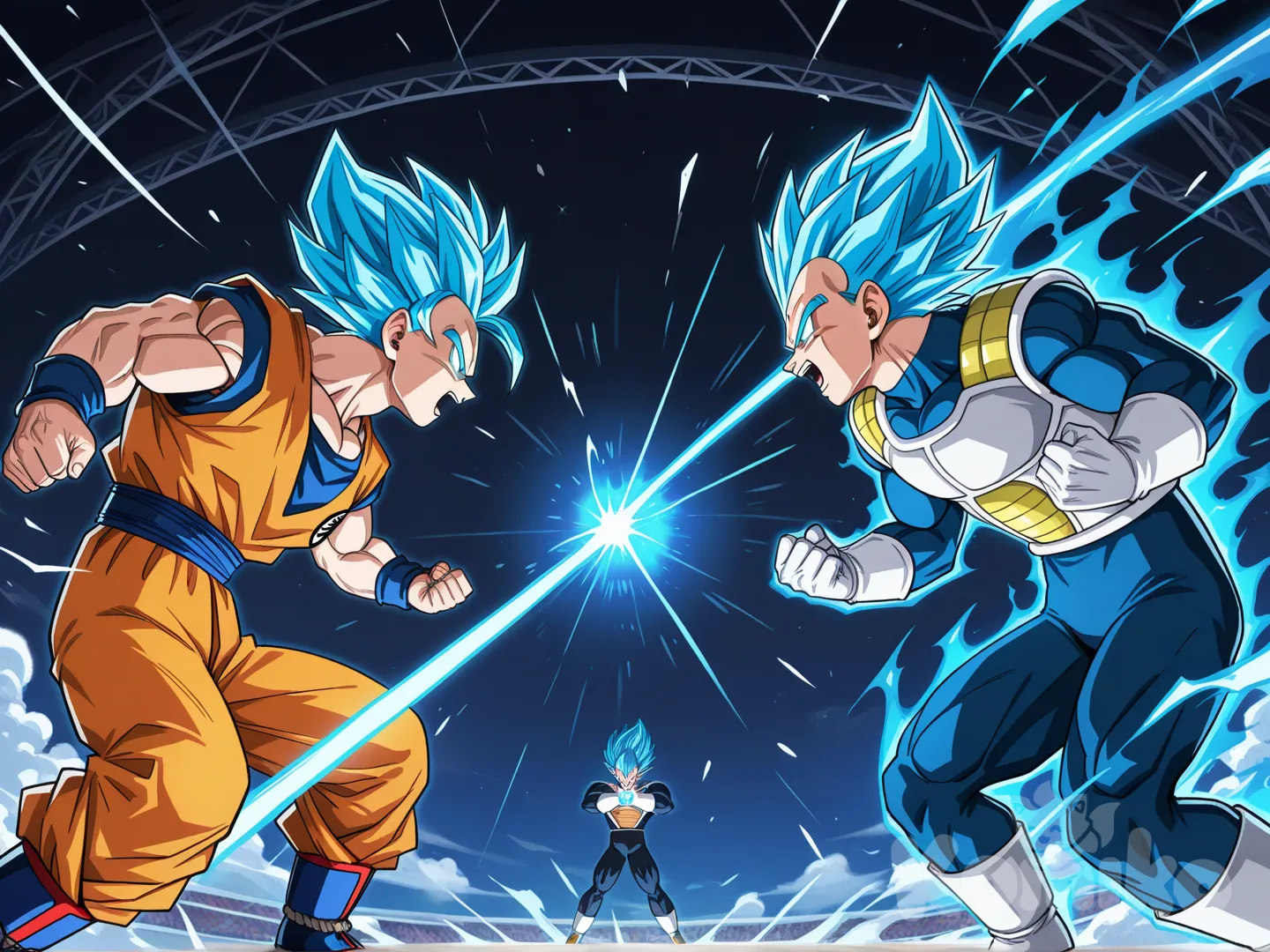 dragon ball super, son goku, super saiyan god blue, vegeta, super saiyan god blue, fight, kamekameha, jiren (dragon ball super), tournament of power stage