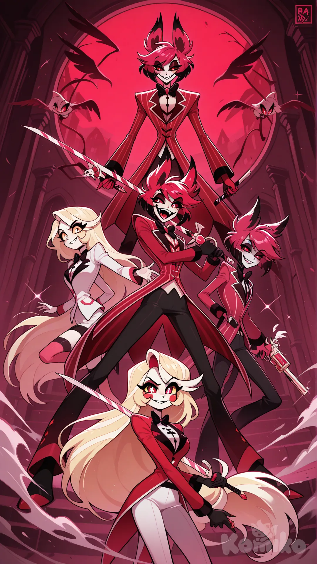 @Alastor_The_Radio_Demon, @Angel_Dust, @Charlie_Magne, holding gun, holding sword