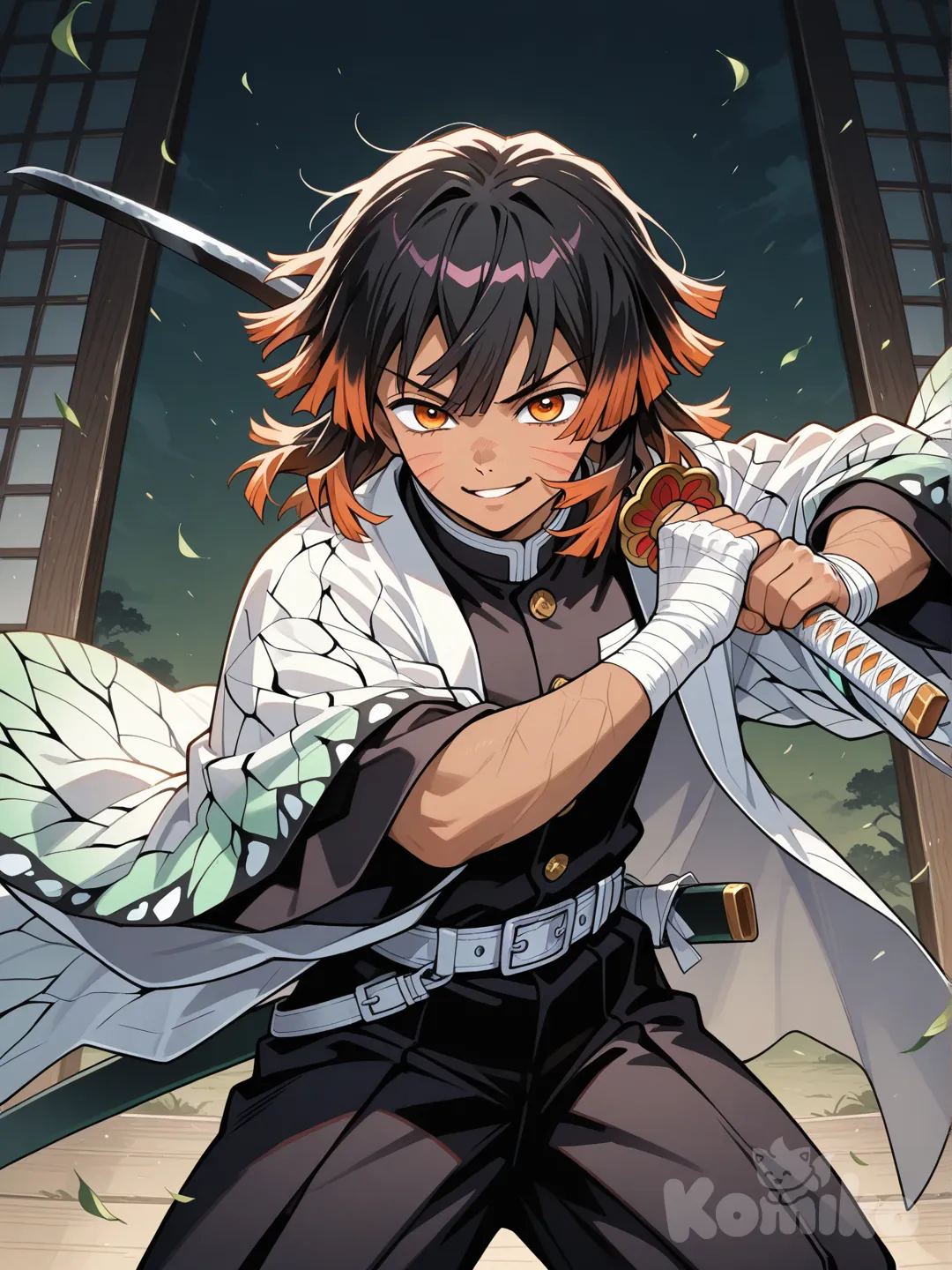 japanese male, medium length black hair with orange streak, whisker markings, orange eyes, hooded white haori, tan skin, smirk, sheathed sword on hip, hand bandages, demon slayer uniform, holding sword, fighting stance with sword