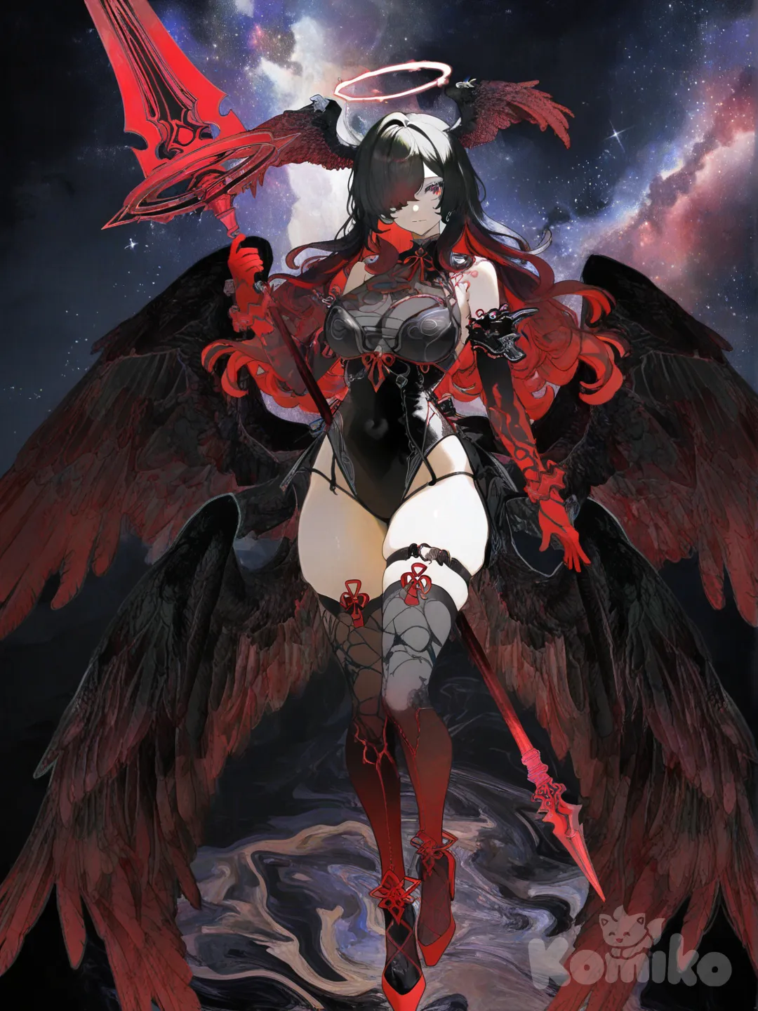 1girl, angel wings, red hair, blue hair, long hair, red eyes, full body, large breasts, big thighs, night, black socks, thigh belt, angel, black socks, fishnet socks, lance, standing, [watercolor-illustration-style], galaxy, head wings, black wing