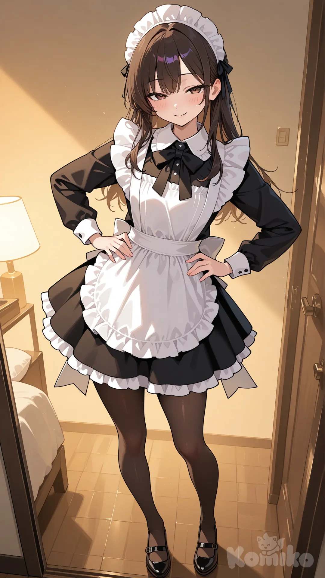 chica universitaria de 22 años con una traje de sirvienta corto, con mallas ajustadas, cuerpo completo, mirada seductora, pose atractiva y iluminacion calida